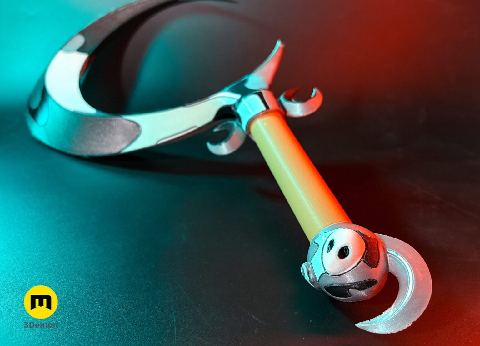 Lifestyle close-up of 3D printed painted Hades 2 Melinoë Dagger held in hand showing skull bone guard orange handle and teal blade with black cel-shaded outlines and painted detail