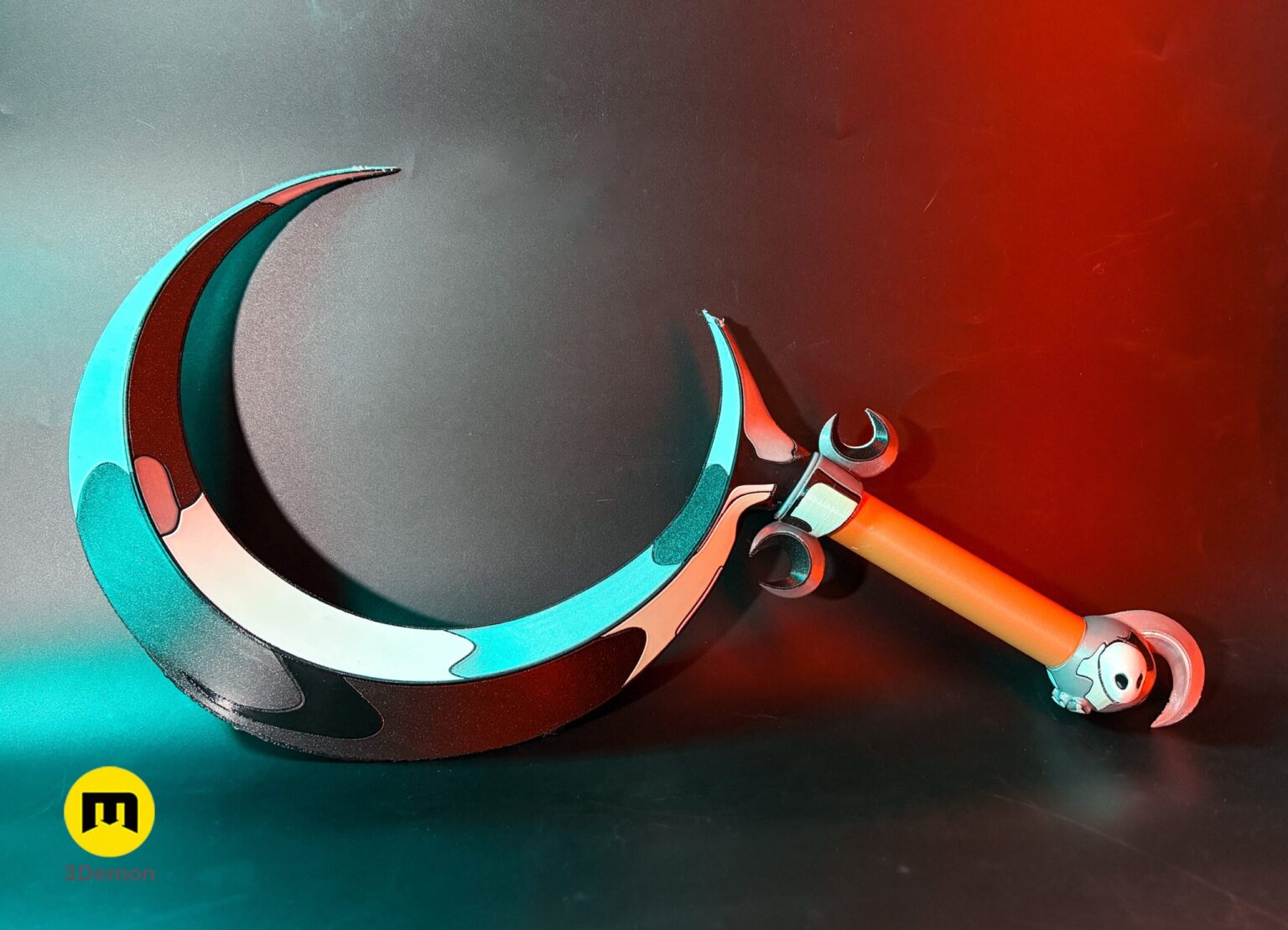Lifestyle close-up of 3D printed painted Hades 2 Melinoë Sickle blade tip showing teal green cel-shaded acrylic paintwork with dark green gradient and black sculpted outline detail