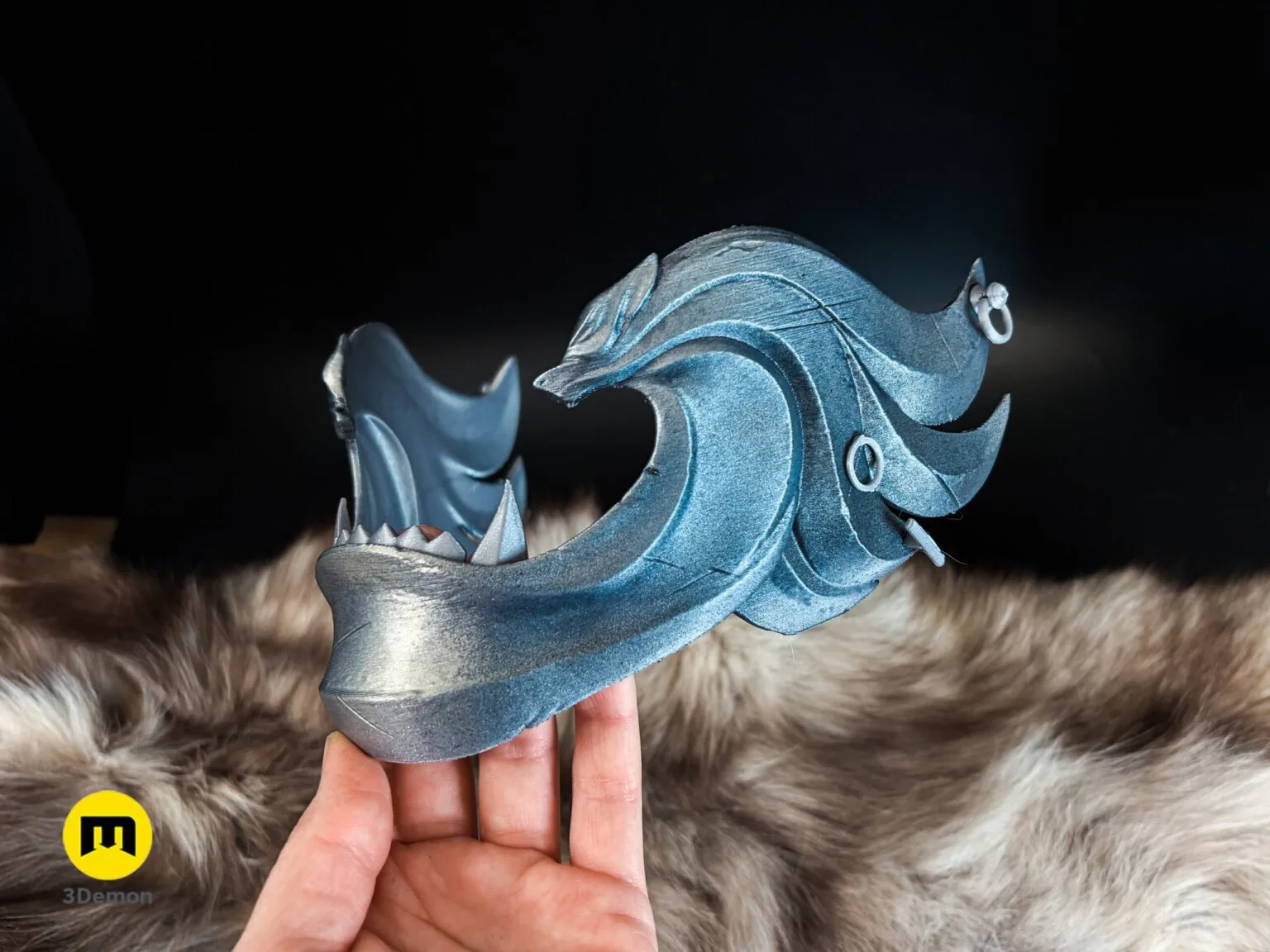 Lifestyle photo of 3D printed Ghost of Yotei Twin Wolves samurai mask side angle view