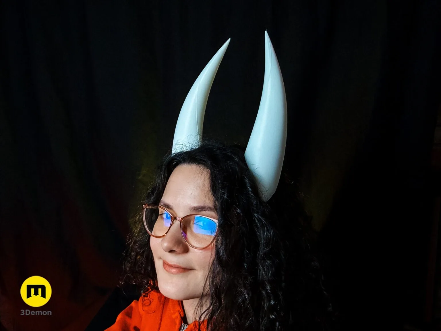 Lifestyle photo of 3D printed Hornet cosplay horns headband from Hollow Knight worn by person