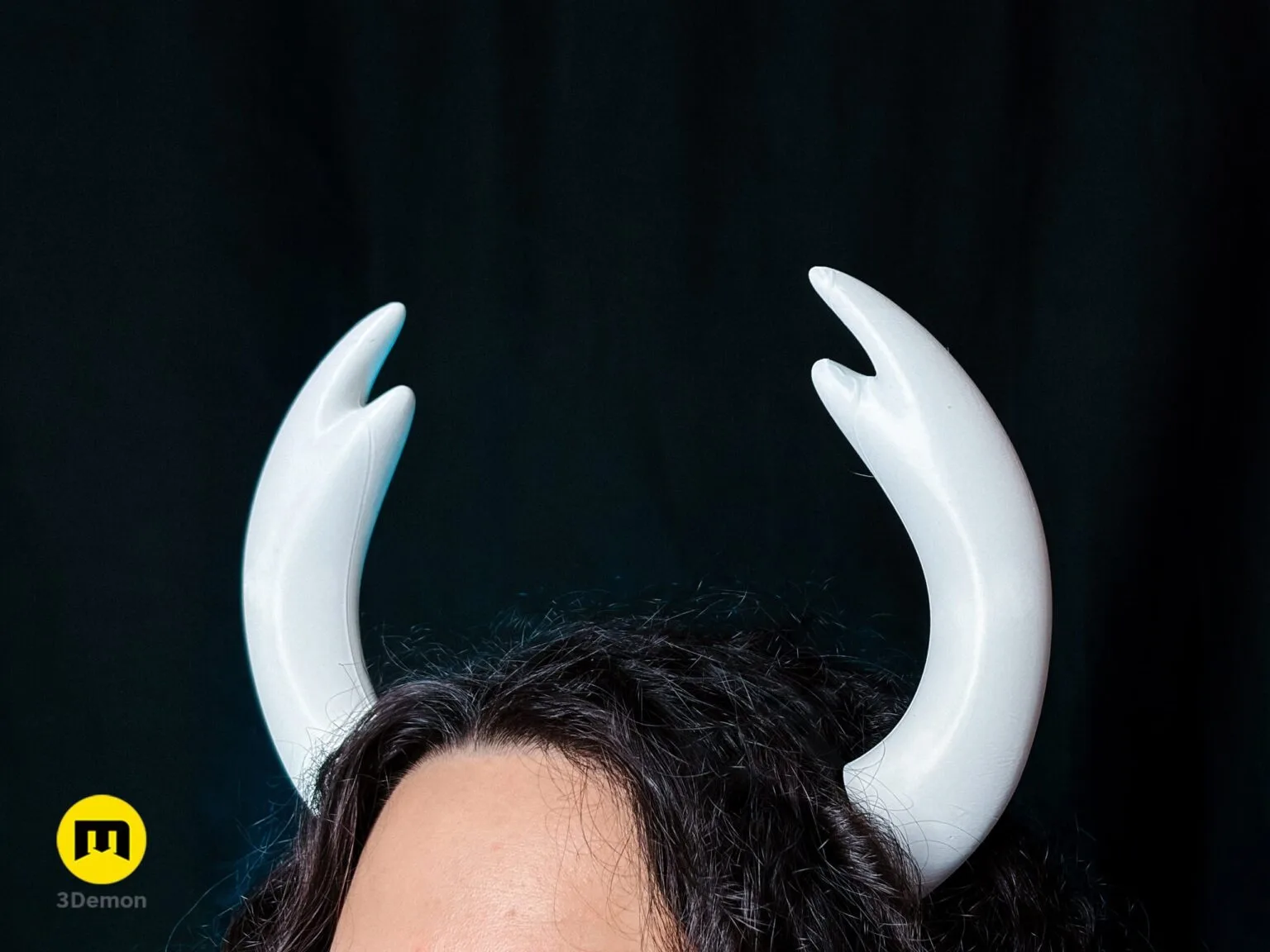 Lifestyle photo of Hollow Knight Ghost horns 3D printed cosplay headband side view on person