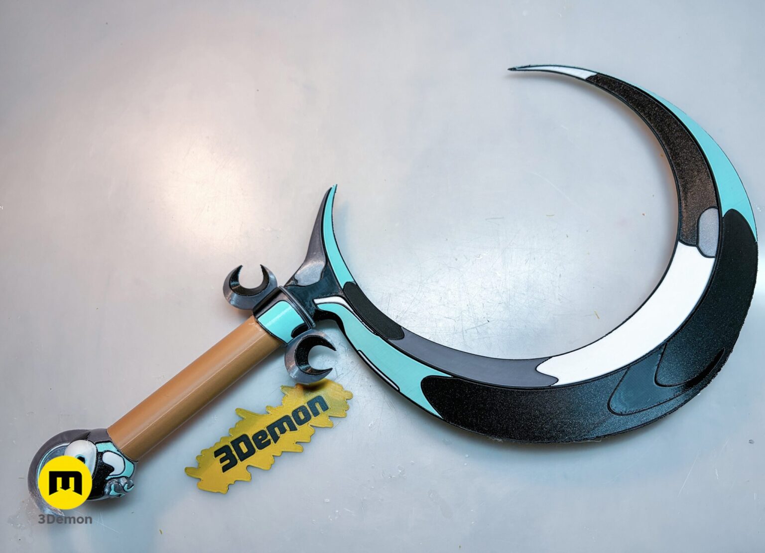 Lifestyle photo of person holding both fully painted Hades 2 Melinoë Sister Blades sickle in one hand and dagger in the other showing real-world prop scale relative to person