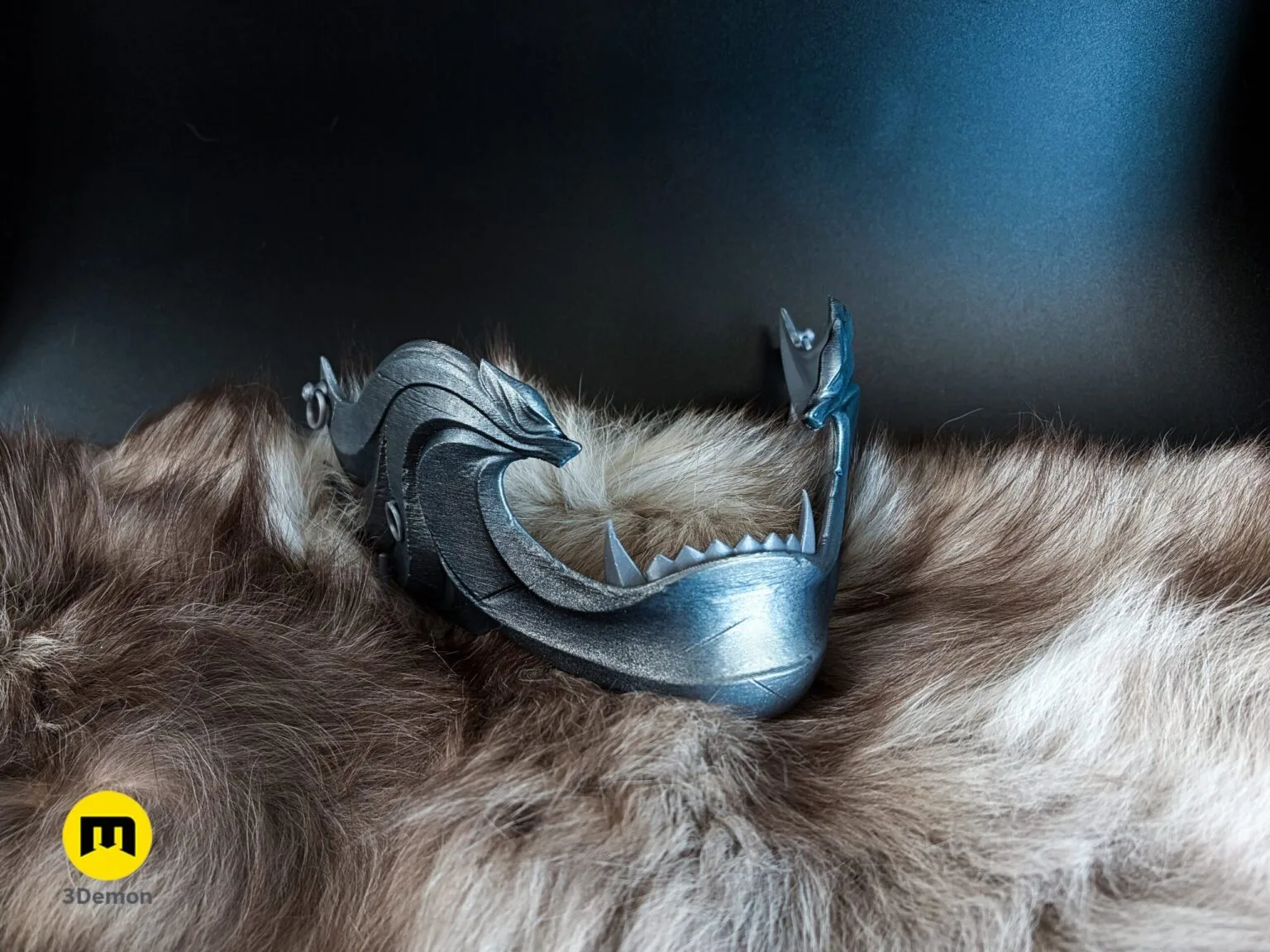 Lifestyle photo of Twin Wolves Mask Ghost of Yotei 3D printed cosplay prop showing wolf detail