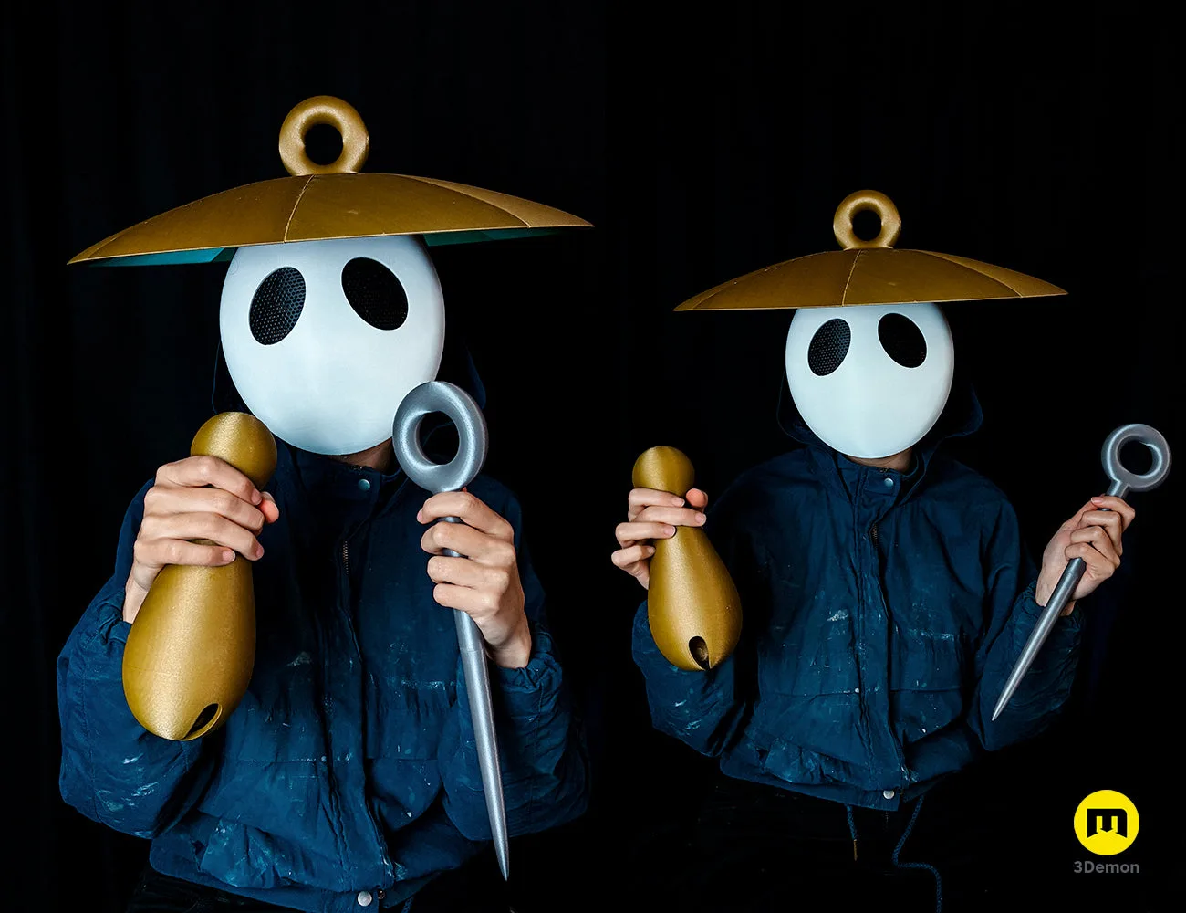Lifestyle photos of Sherma cosplay set from Hollow Knight Silksong with 3D printed mask by 3Demon