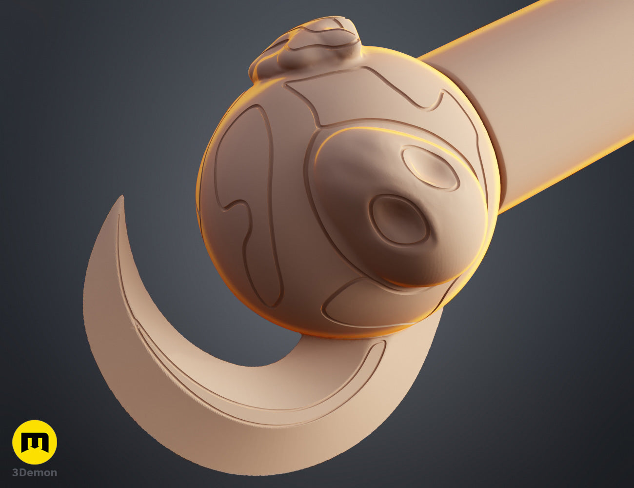 Clay render close-up of Hades 2 Melinoë Sickle hilt in neutral beige showing sculpted handle bands and grip geometry detail for 3D printing reference