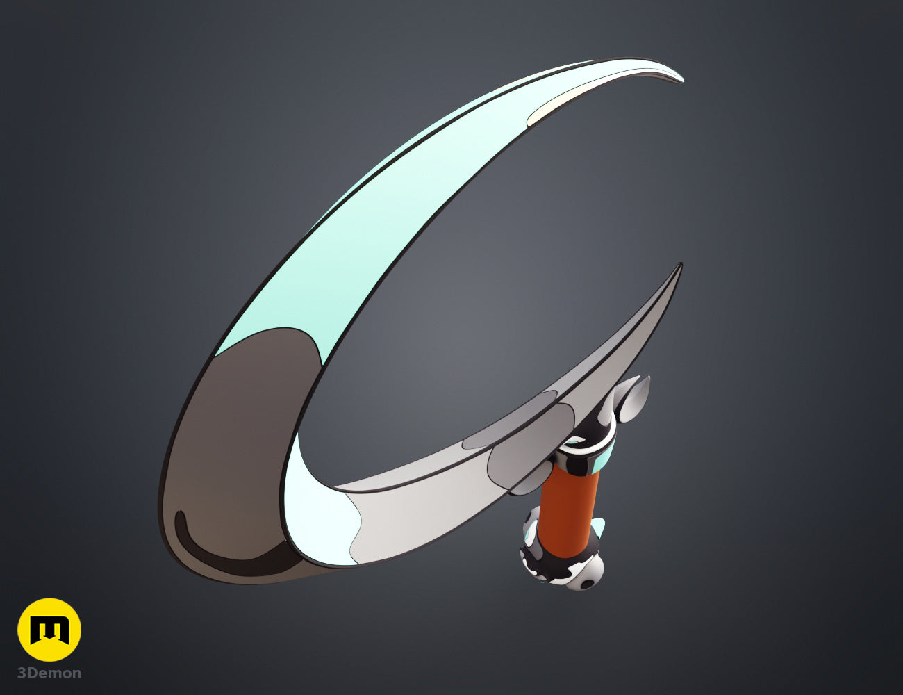 Cel-shaded side edge view of Hades 2 Melinoë Sickle showing blade thickness and cutting edge profile with white highlight and dark green shadow cel-shading