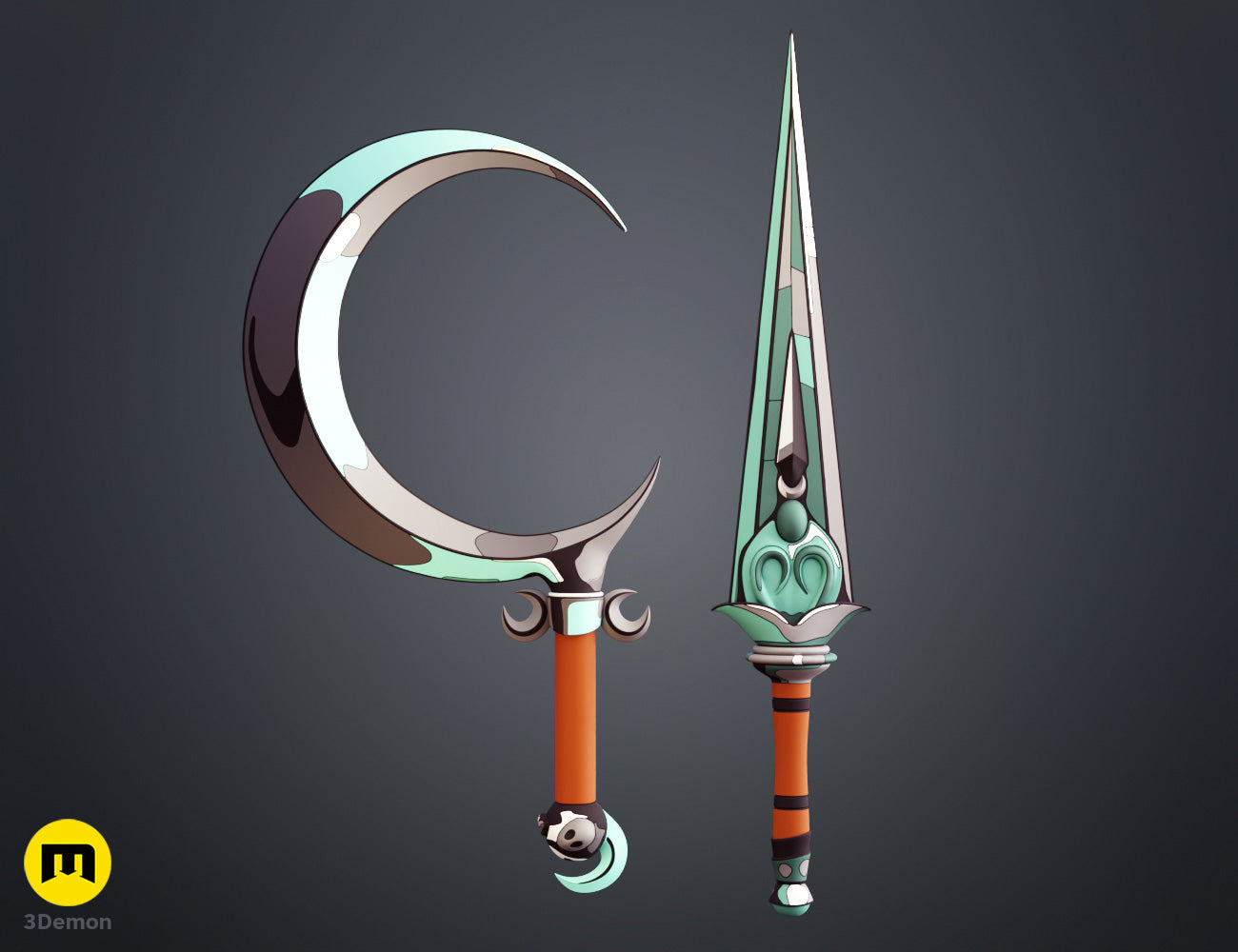 Cel-shaded digital render of both Hades 2 Melinoë Sister Blades crossed on dark background showing teal sickle and dagger with orange handles and flat color blocking style