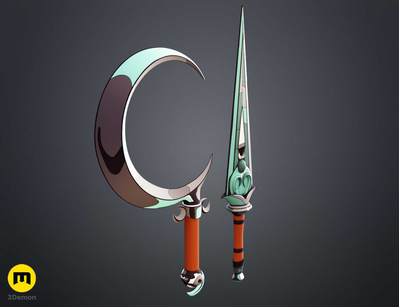 Alternate angle cel-shaded render of Hades 2 Melinoë Sister Blades crossed showing slightly different perspective of teal sickle and dagger with flat game-accurate painting style
