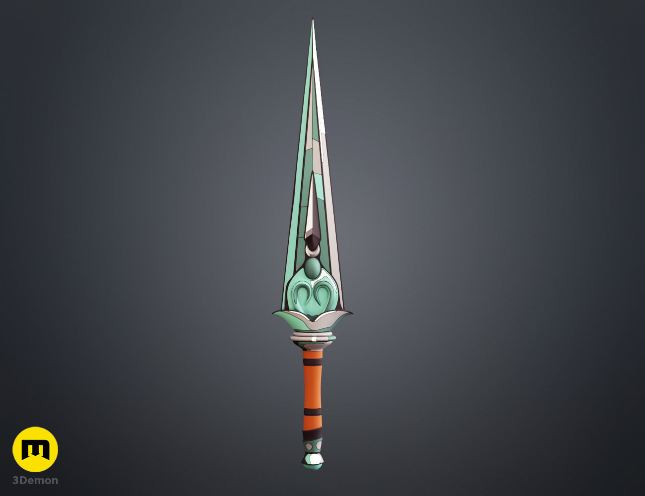 Cel-shaded side view of Hades 2 Melinoë Dagger showing blade edge profile with white highlights dark teal shadows on blade face and hilt in three-quarter perspective