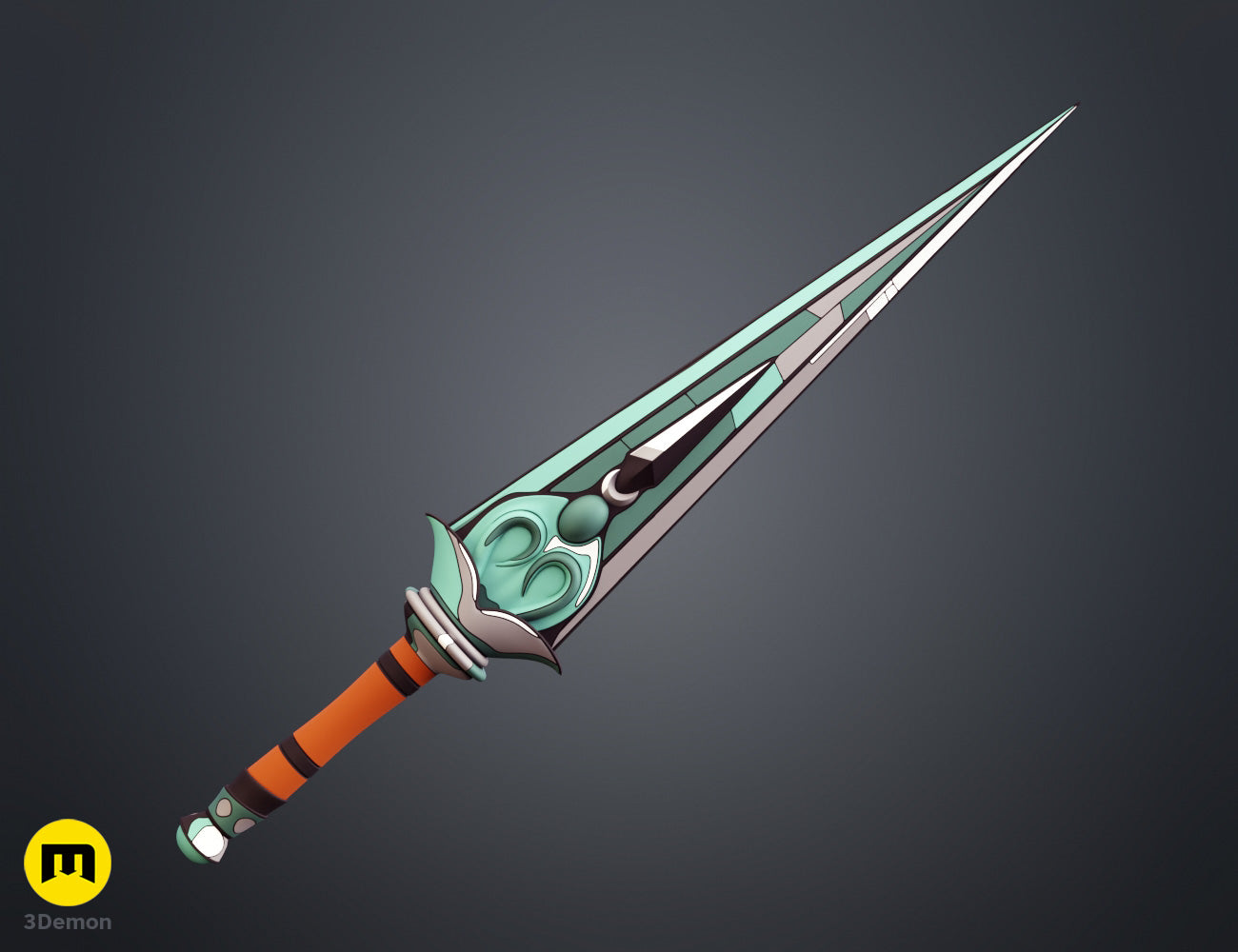 Cel-shaded angled perspective render of Hades 2 Melinoë Dagger from above showing blade crossguard handle and pommel from dynamic angle with flat game-style coloring