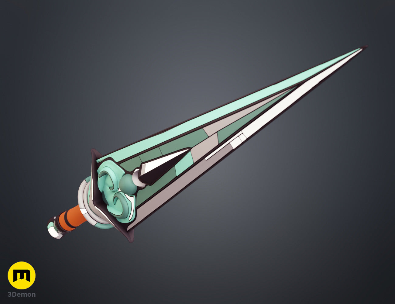 Cel-shaded close-up render of Hades 2 Melinoë Dagger handle area focusing on orange wrapped grip skull bone guard and pommel detail with flat color shading