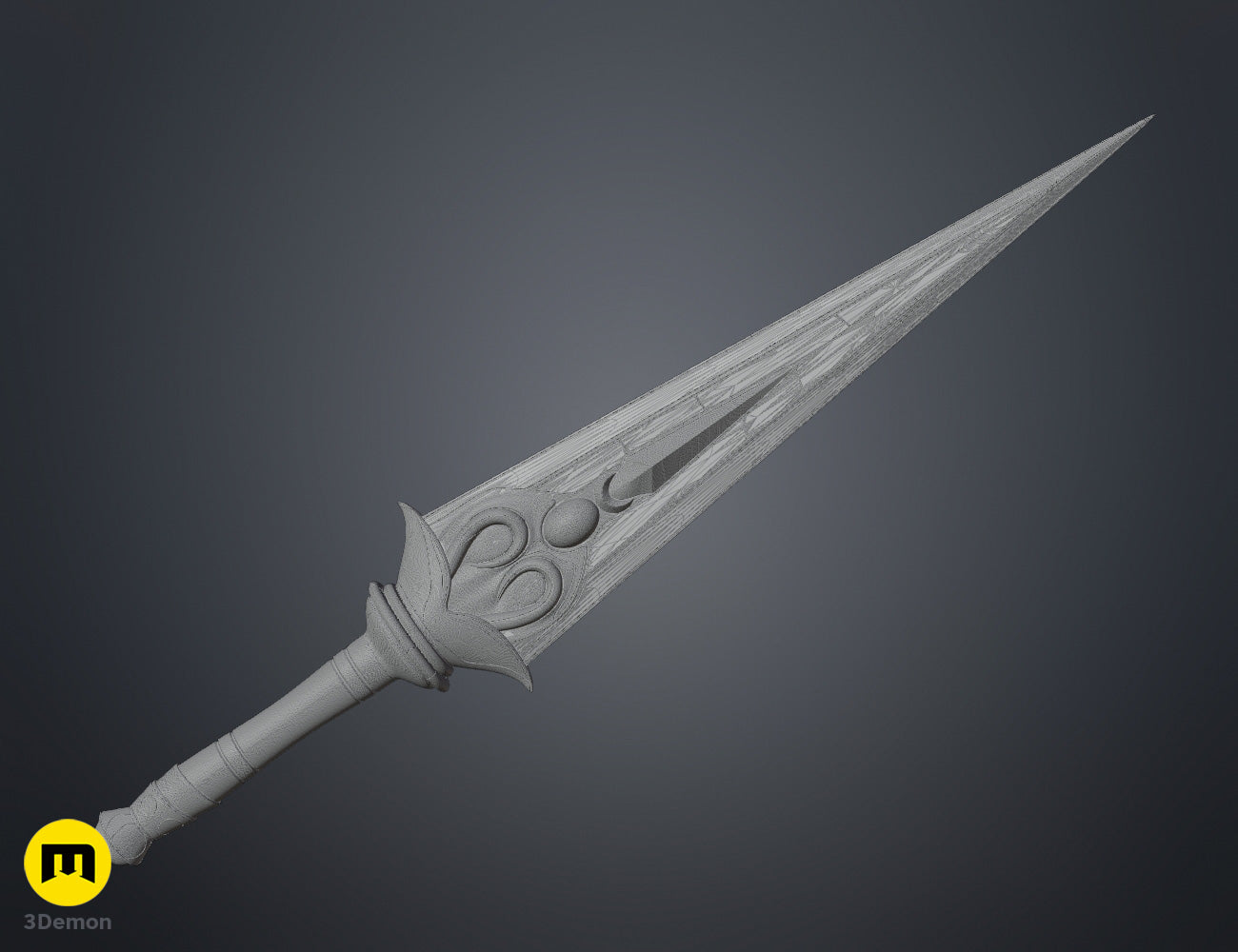 Wireframe mesh render of Hades 2 Melinoë Dagger showing full polygon network across blade guard and handle with dense topology in skull motif guard area