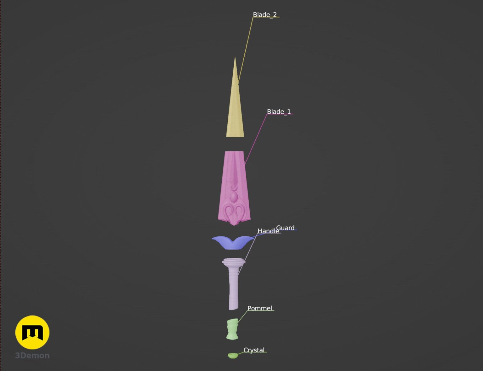 Color-coded exploded assembly guide of Hades 2 Melinoë Dagger STL showing labeled Blade 01 Blade 02 Guard Handle and Pommel parts in different colors for 3D printing assembly
