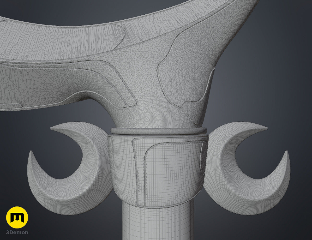 Wireframe mesh close-up of Hades 2 Melinoë Sickle blade base and guard area showing dense triangulated polygon mesh of sculpted outline grooves on crescent blade