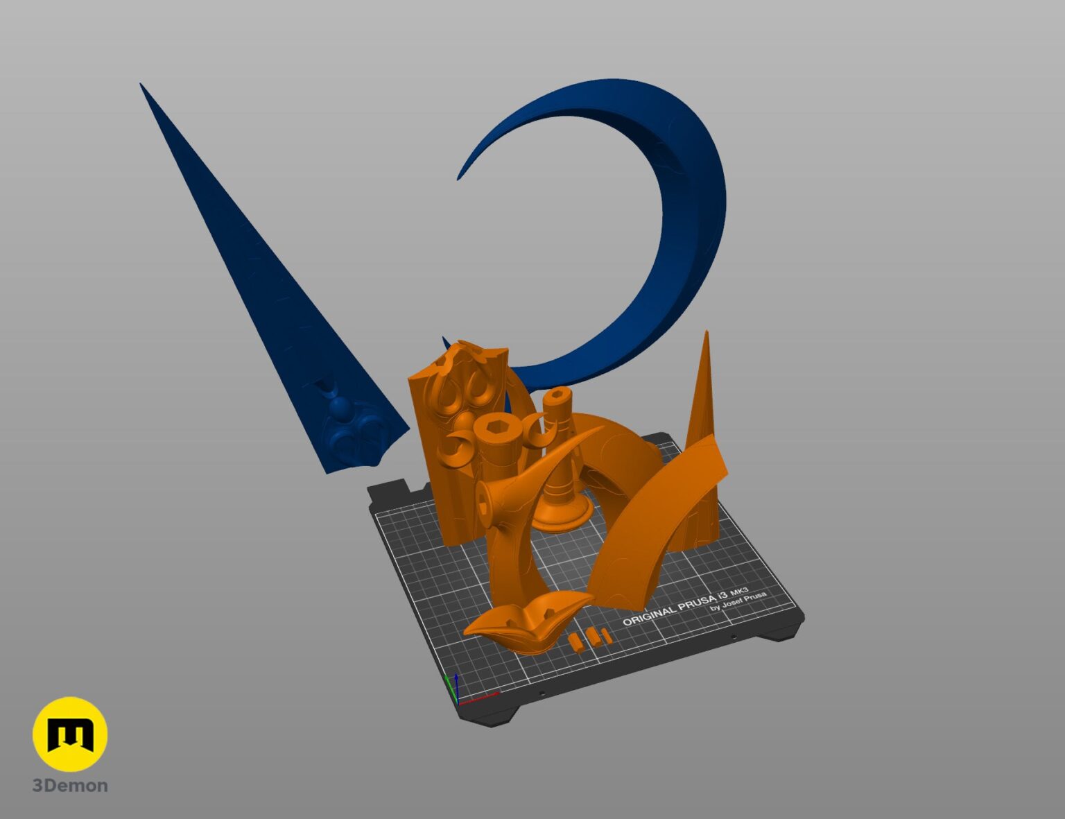 Slicer screenshot of Hades 2 Melinoë Sister Blades STL parts on virtual printer build plate showing all sickle and dagger components arranged for FDM printing
