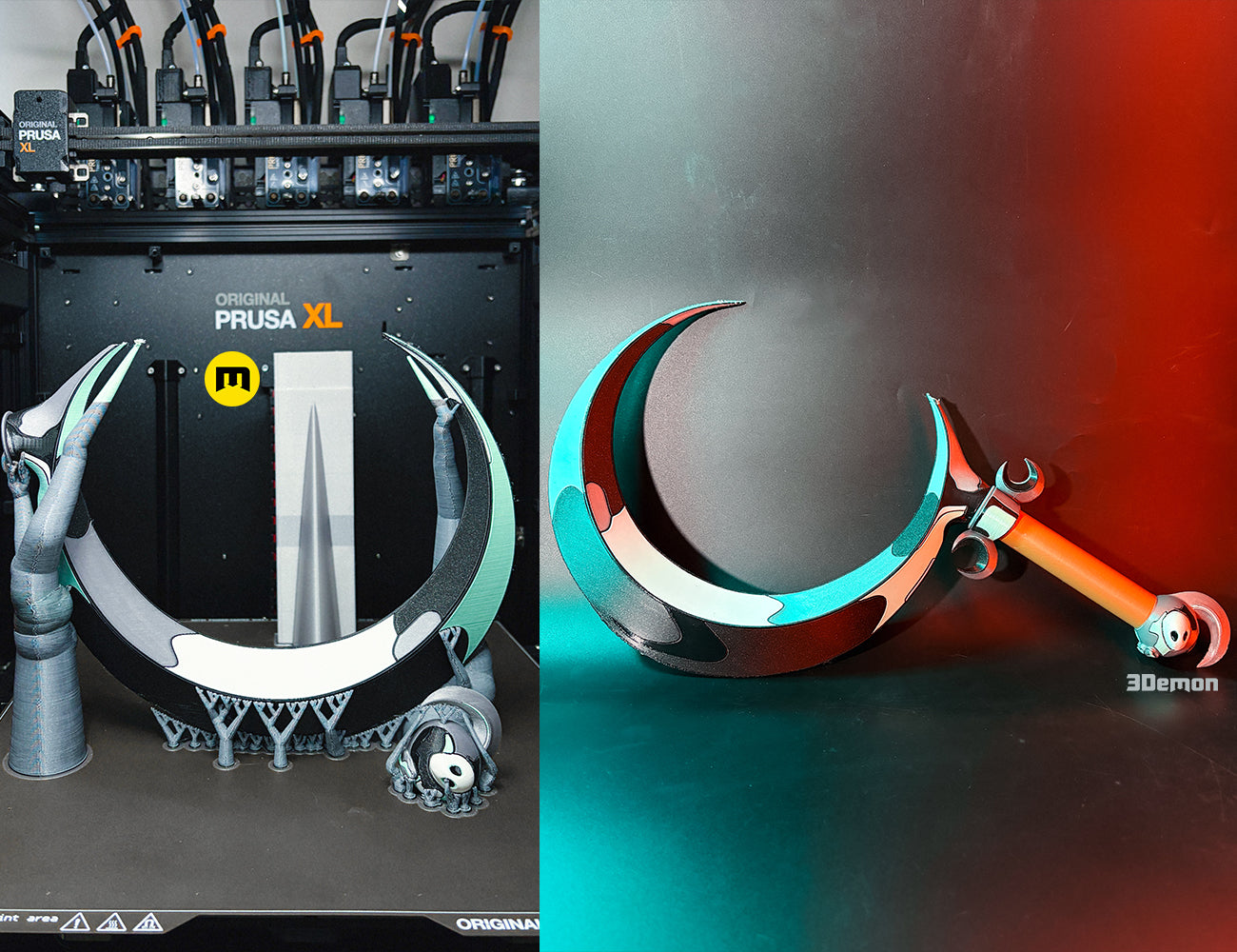Lifestyle photo of hand holding 3D printed and painted Hades 2 Melinoë Sickle outdoors showing teal blade with prominent black cel-shaded sculpted outline paintwork and orange handle