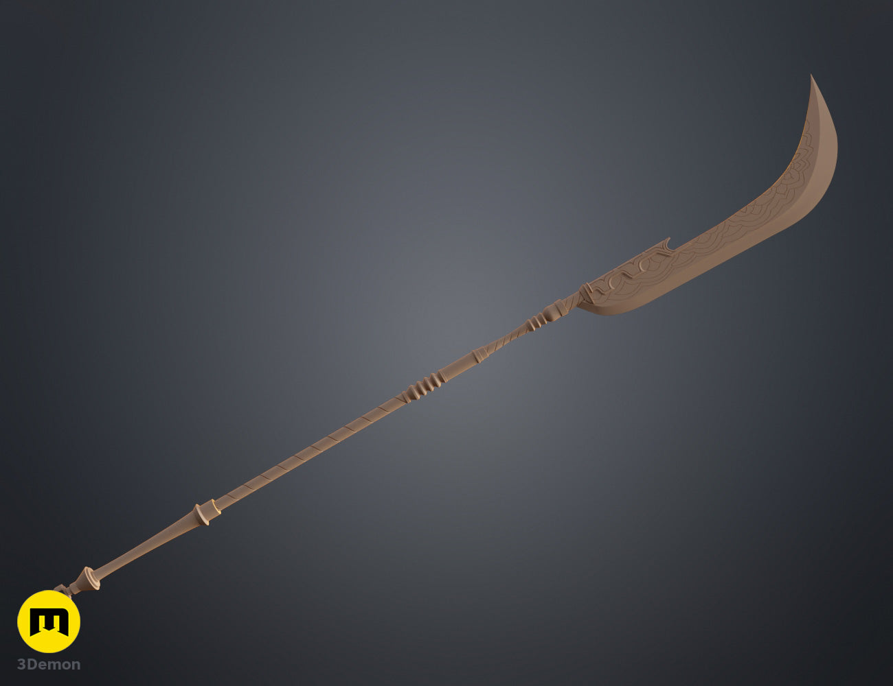 Clay render full diagonal view of KPop Demon Hunters Mira Spear in neutral grey showing complete glaive silhouette scale-patterned blade guard staff and heart-shaped pommel geometry without color