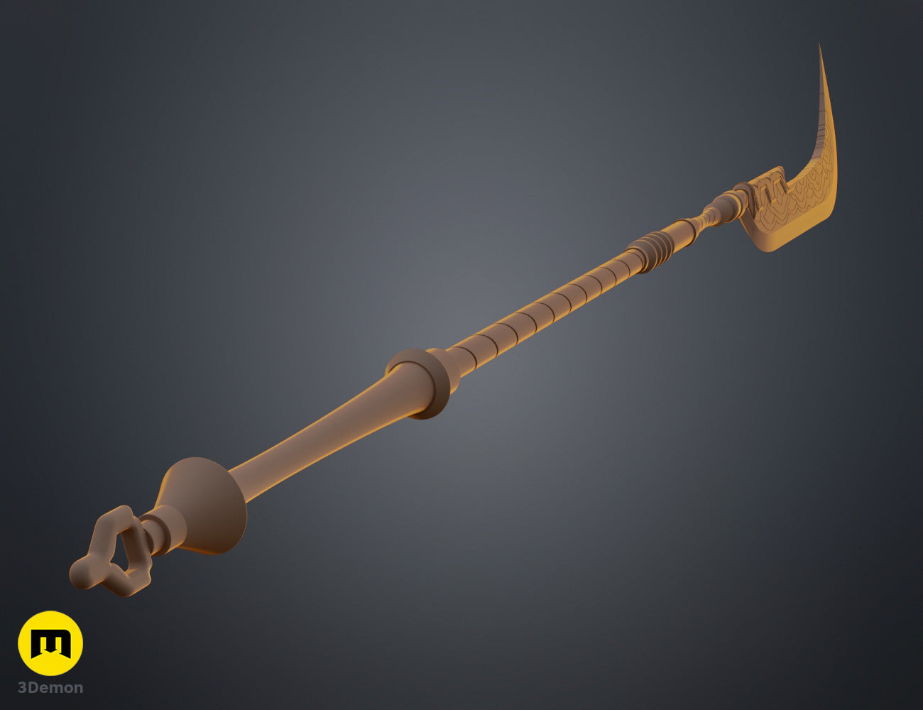 Clay render close-up of KPop Demon Hunters Mira Spear blade and golden guard in grey showing sculpted wave-scale blade texture and ornate pattern details without color