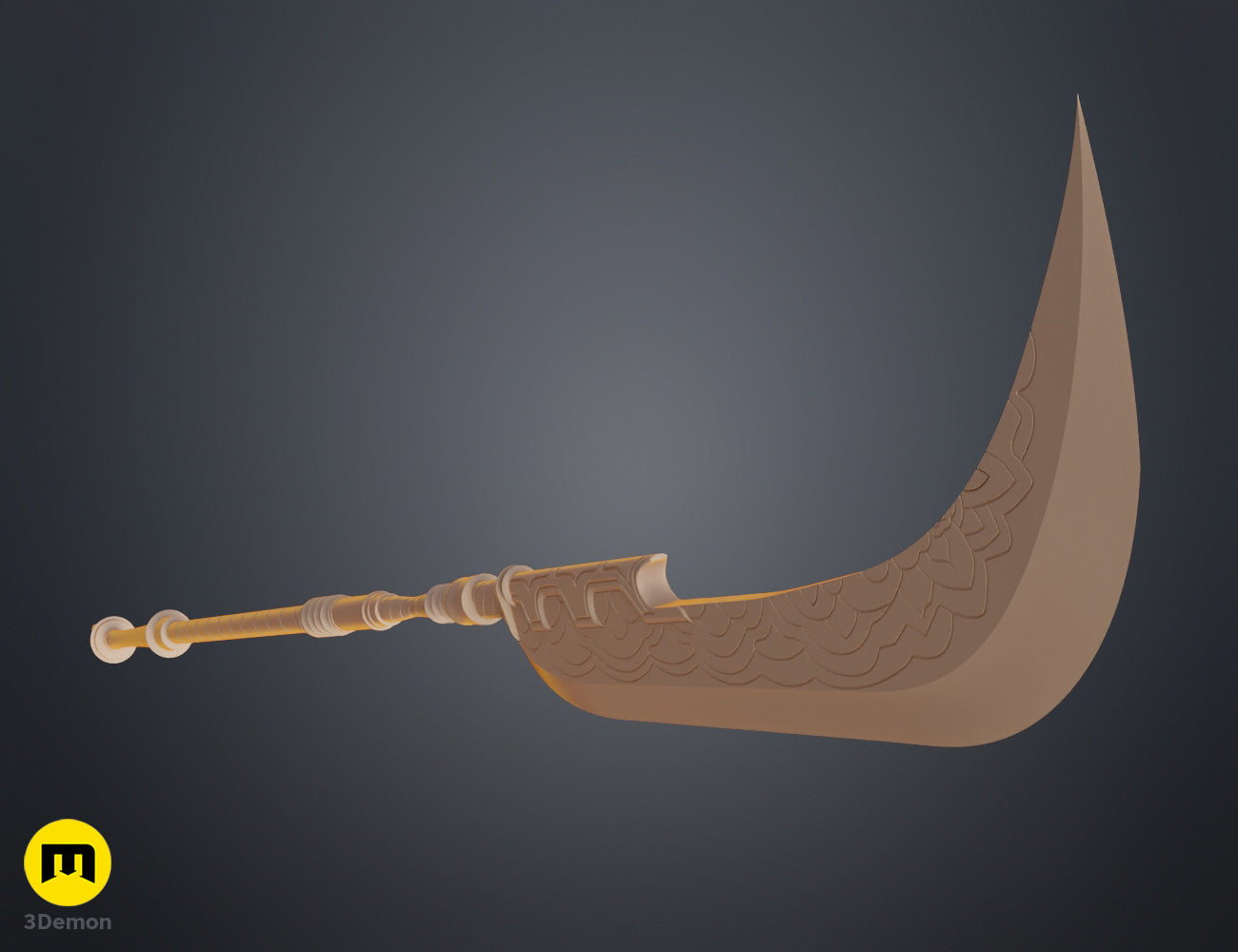 Clay render close-up of KPop Demon Hunters Mira Spear heart-shaped pommel and staff base in grey showing sculptural heart form and base geometry