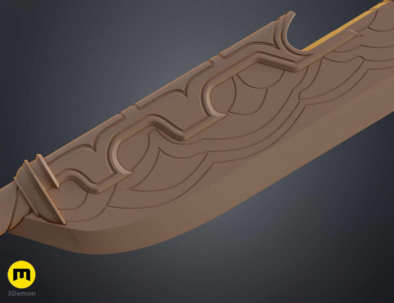 Clay render close-up of KPop Demon Hunters Mira Spear guard swirling ornate filigree detail showing complex circular scrollwork design in grey neutral material