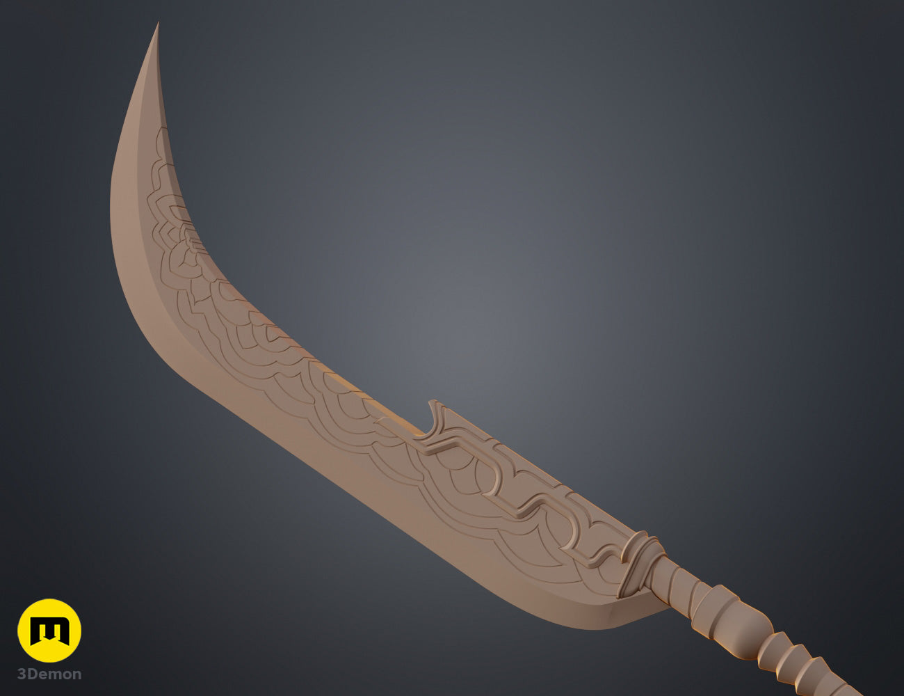 Clay render close-up of KPop Demon Hunters Mira Spear segmented staff showing ornate geometric ring joints and staff section proportions in grey material