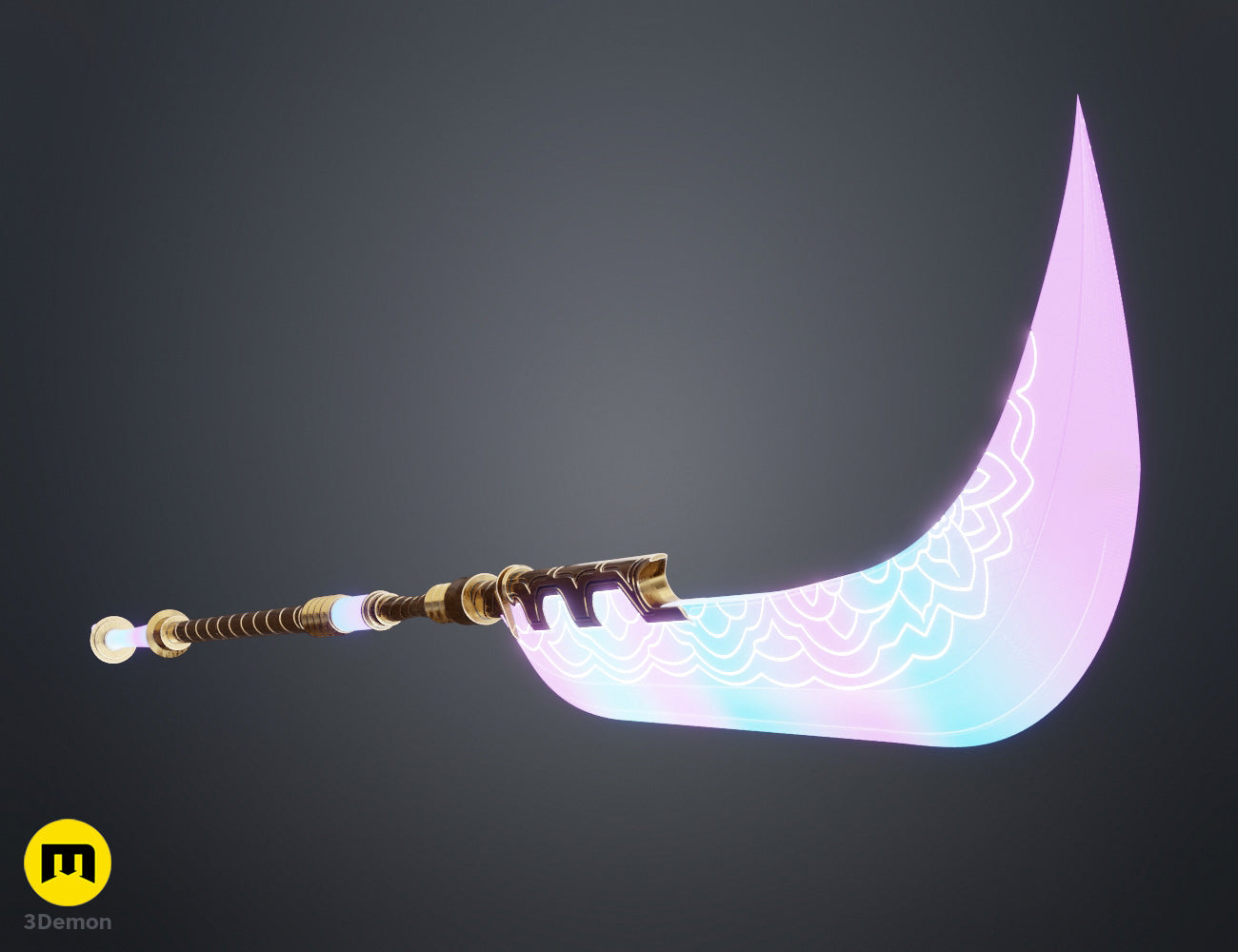 Colored render close-up of KPop Demon Hunters Mira Spear upper section showing translucent pink-to-blue gradient blade and intricate ornate golden scrollwork guard filigree detail