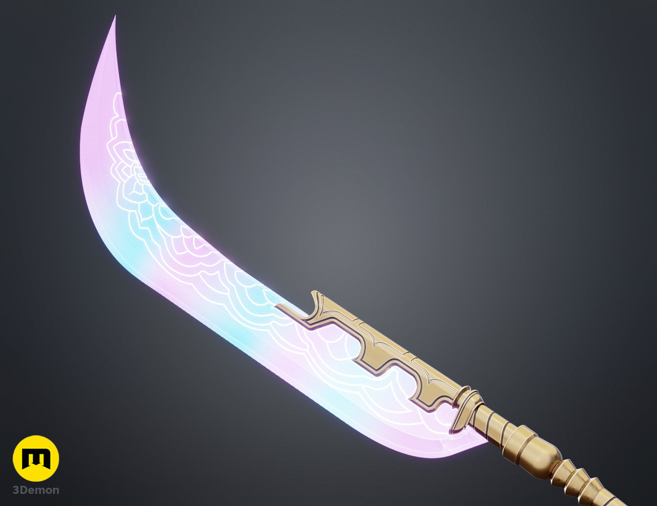 Colored render close-up of KPop Demon Hunters Mira Spear ornate golden guard connection where translucent blue-pink blade meets the ornate golden filigree guard and dark staff