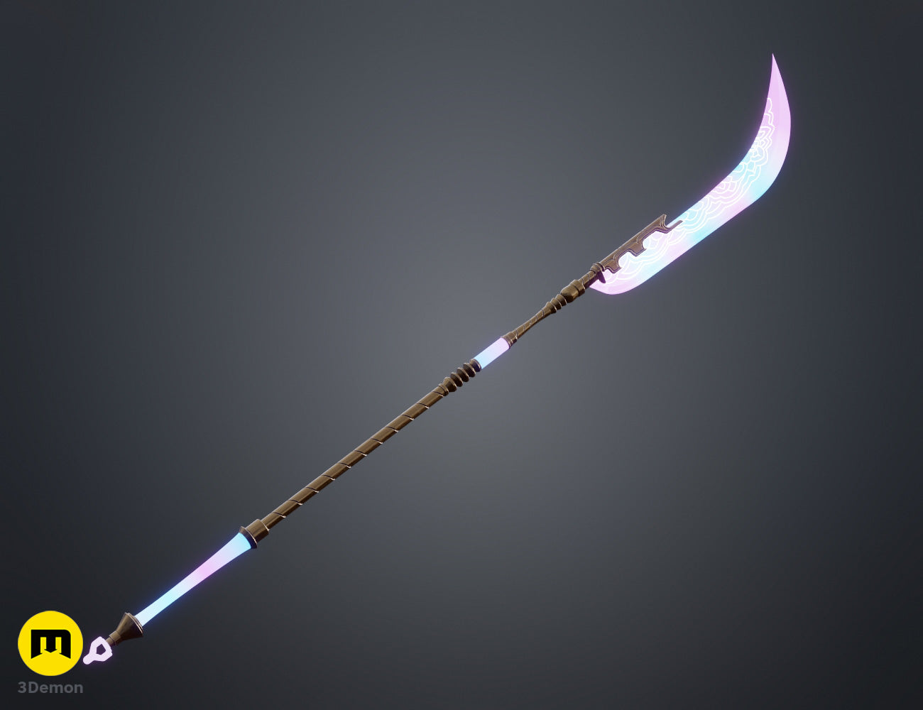 Colored render close-up of KPop Demon Hunters Mira Spear dark textured grip handle sections separated by ornate gold ring bands along the staff