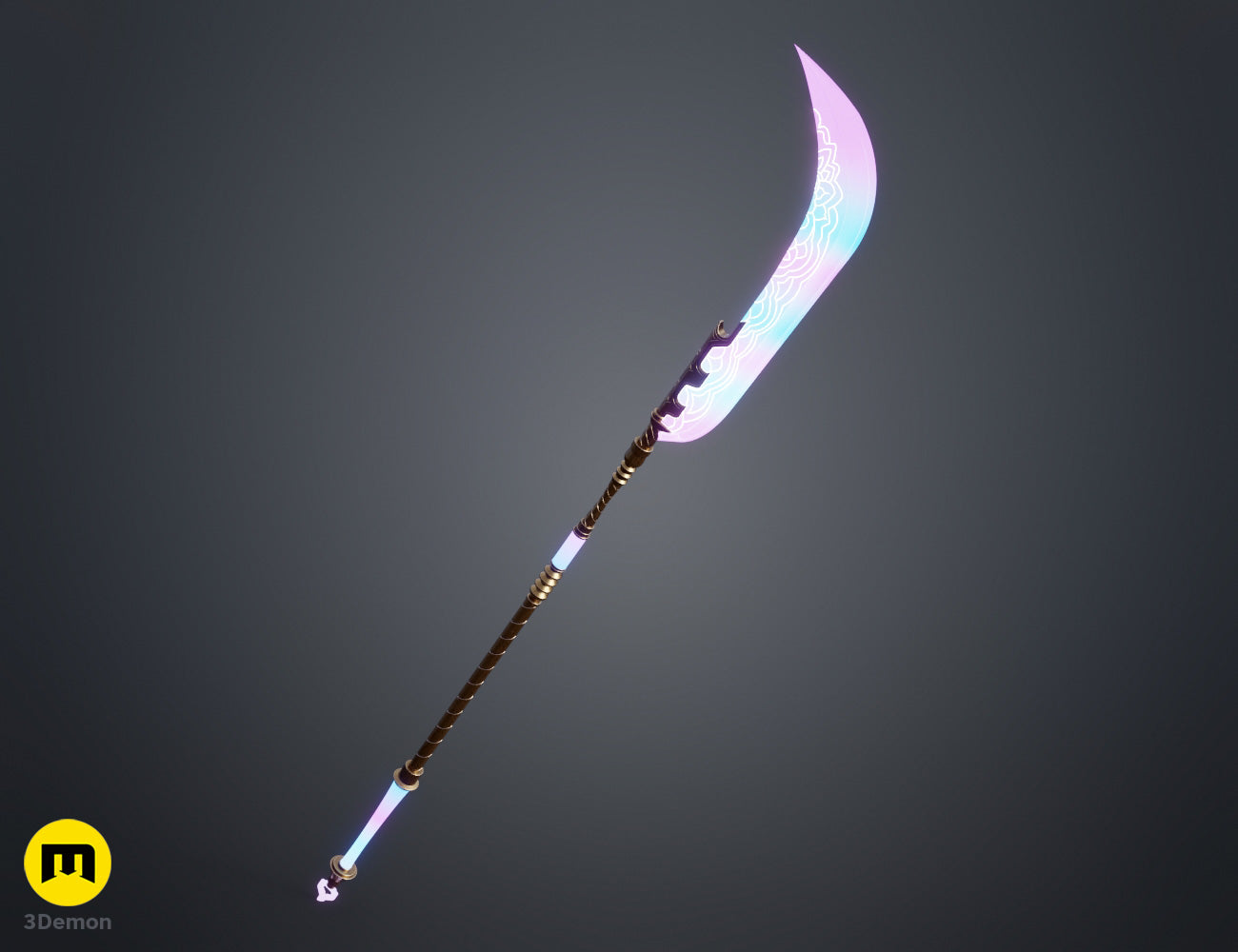 Colored render of KPop Demon Hunters Mira Spear staff section with glowing light blue LED illuminated segment demonstrating internal LED strip lighting effect inside translucent staff