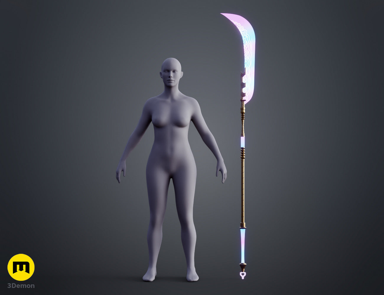 Colored render close-up of KPop Demon Hunters Mira Spear gold heart-shaped pommel at base of staff showing ornate heart design and lower staff detail in gold finish