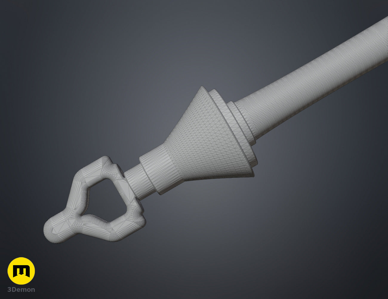Wireframe mesh lower section view of KPop Demon Hunters Mira Spear showing polygon grid structure of heart-shaped pommel and lower staff base geometry