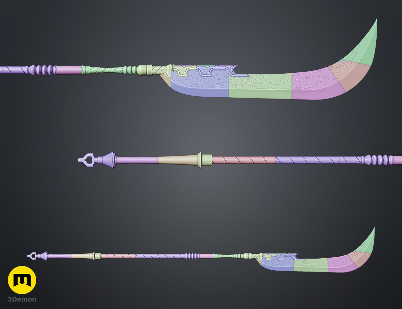 Technical assembly guide of KPop Demon Hunters Mira Spear showing internal compartment structure and LED strip and battery installation guide for creating illuminated glaive effect
