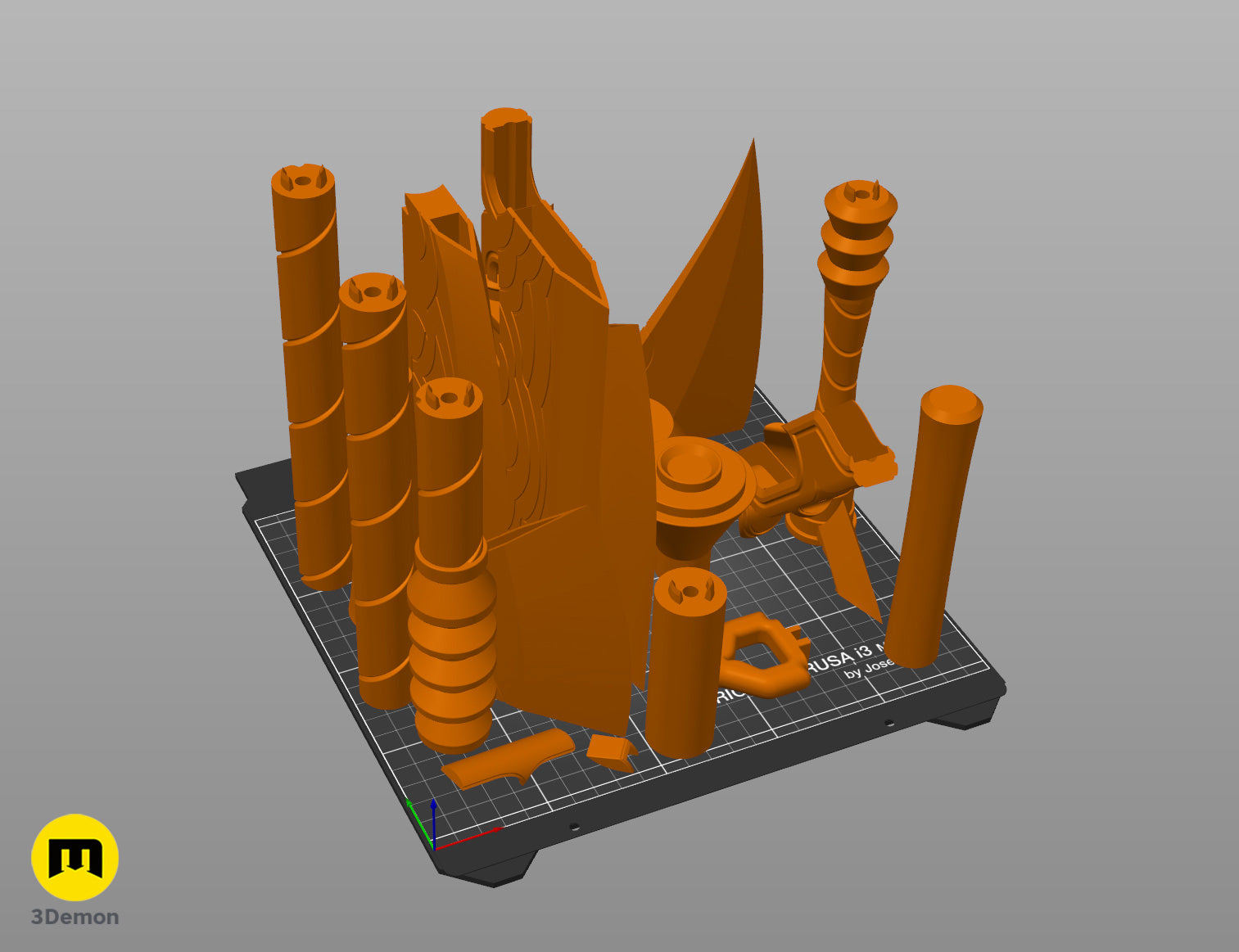 PrusaSlicer screenshot of KPop Demon Hunters Mira Spear STL parts arranged on large virtual FDM print bed showing grey component layout for blade staff and pommel sections