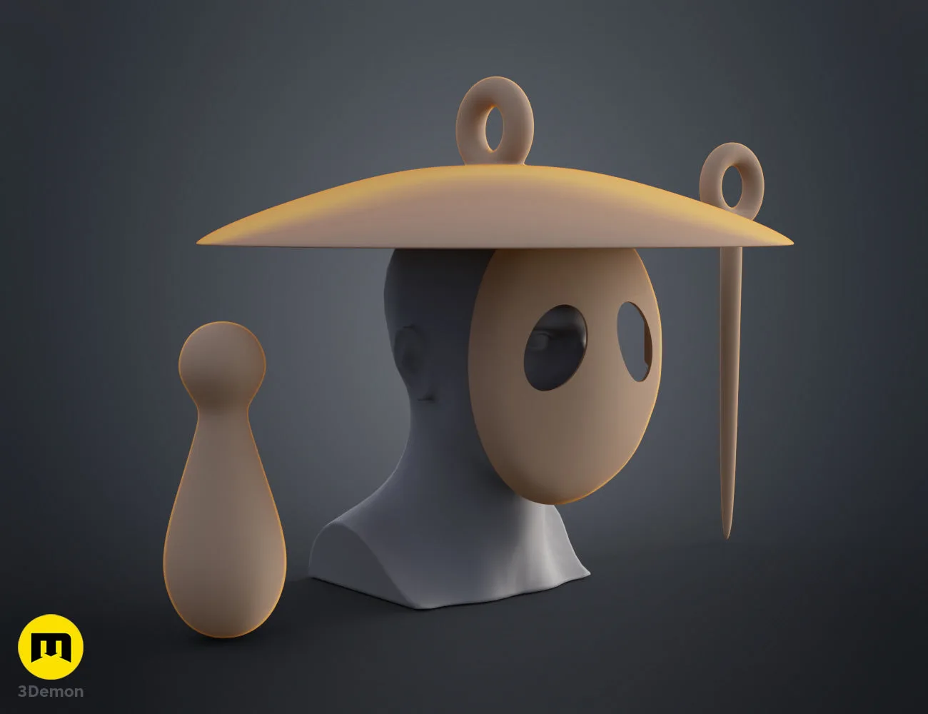 Grey 3D render of Sherma cosplay mask, hat, and needle prop from Hollow Knight Silksong by 3Demon