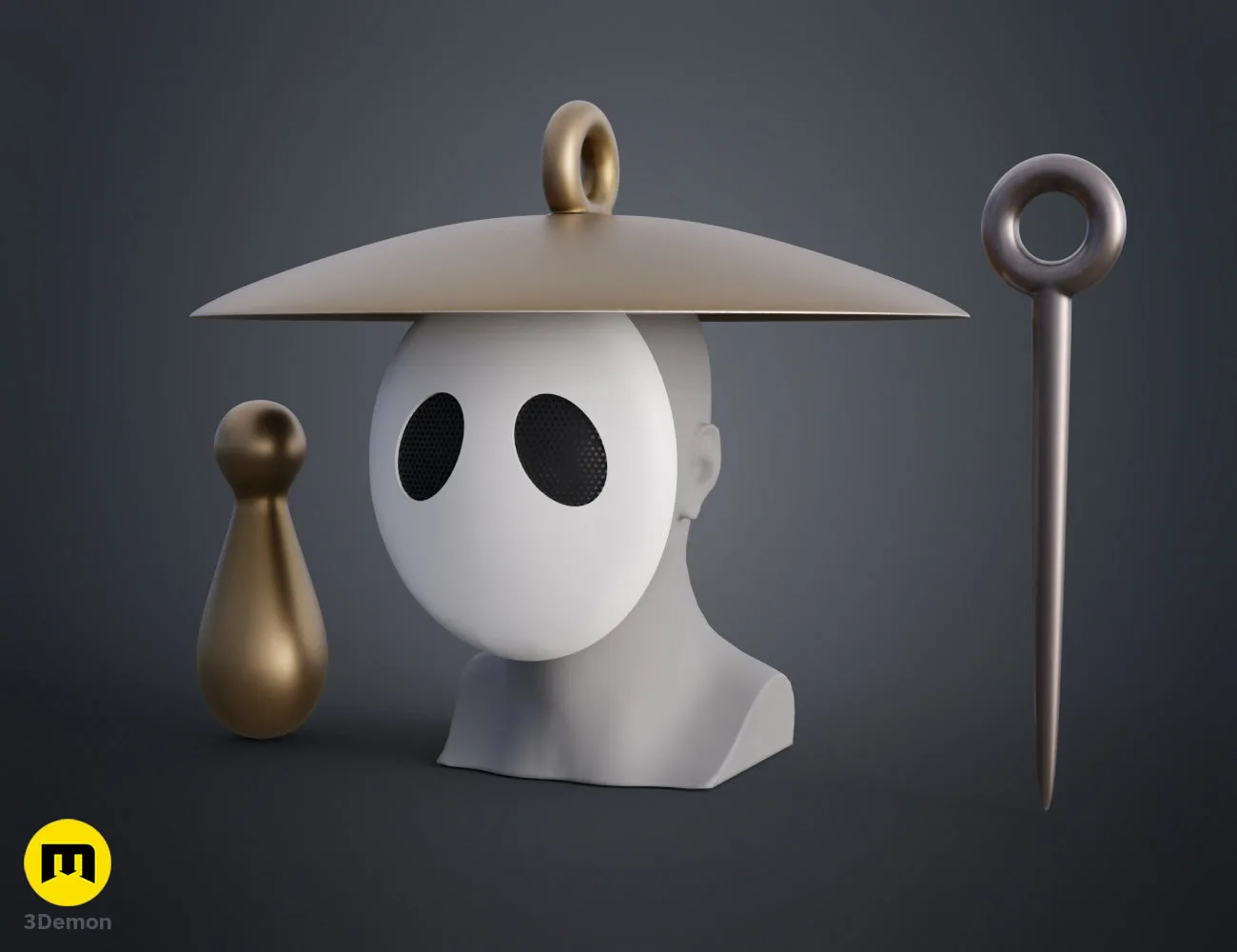 Side view colored 3D render of Sherma mask and hat from Hollow Knight Silksong on mannequin