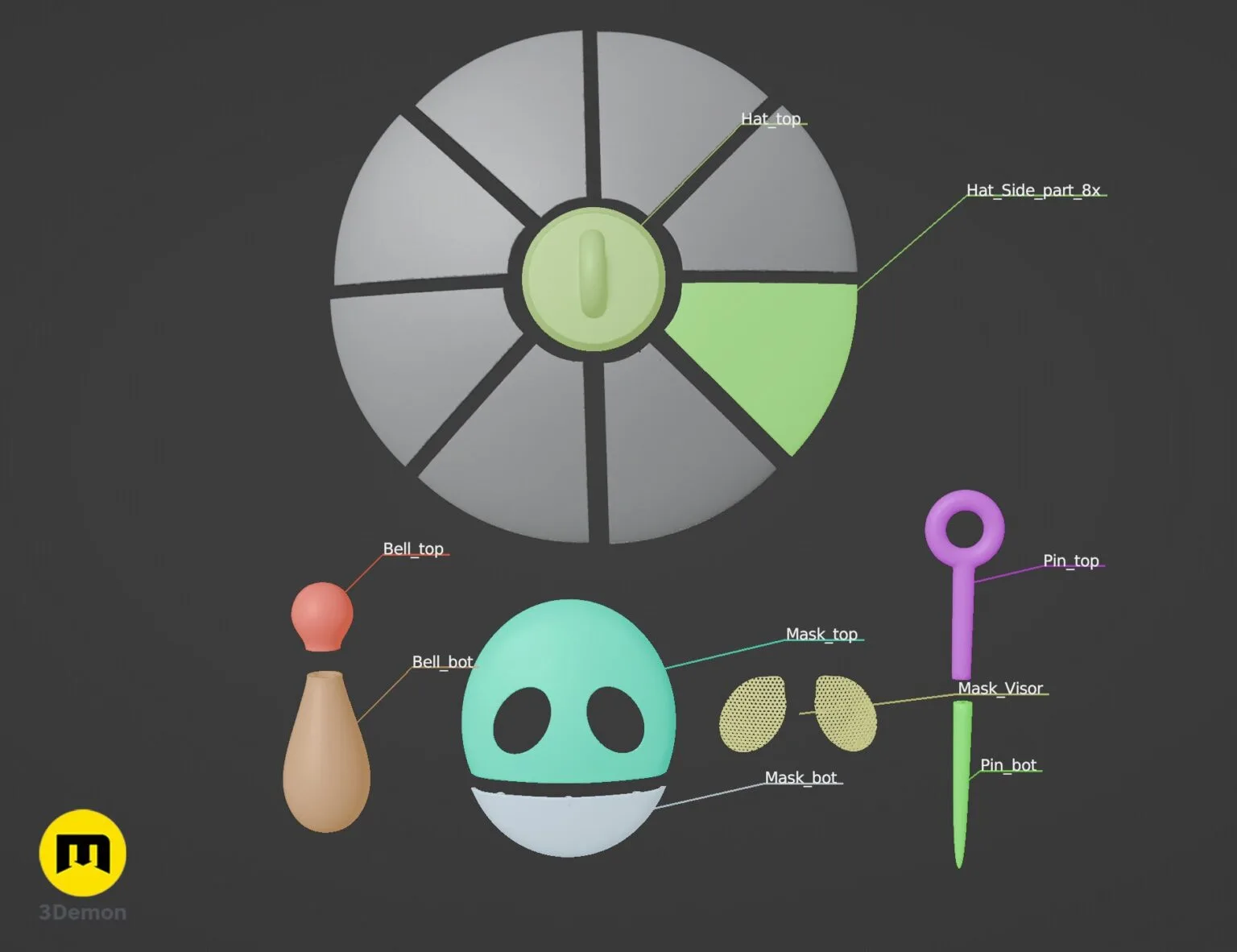 Parts render of Sherma Hollow Knight Silksong cosplay set showing separate 3D printable components