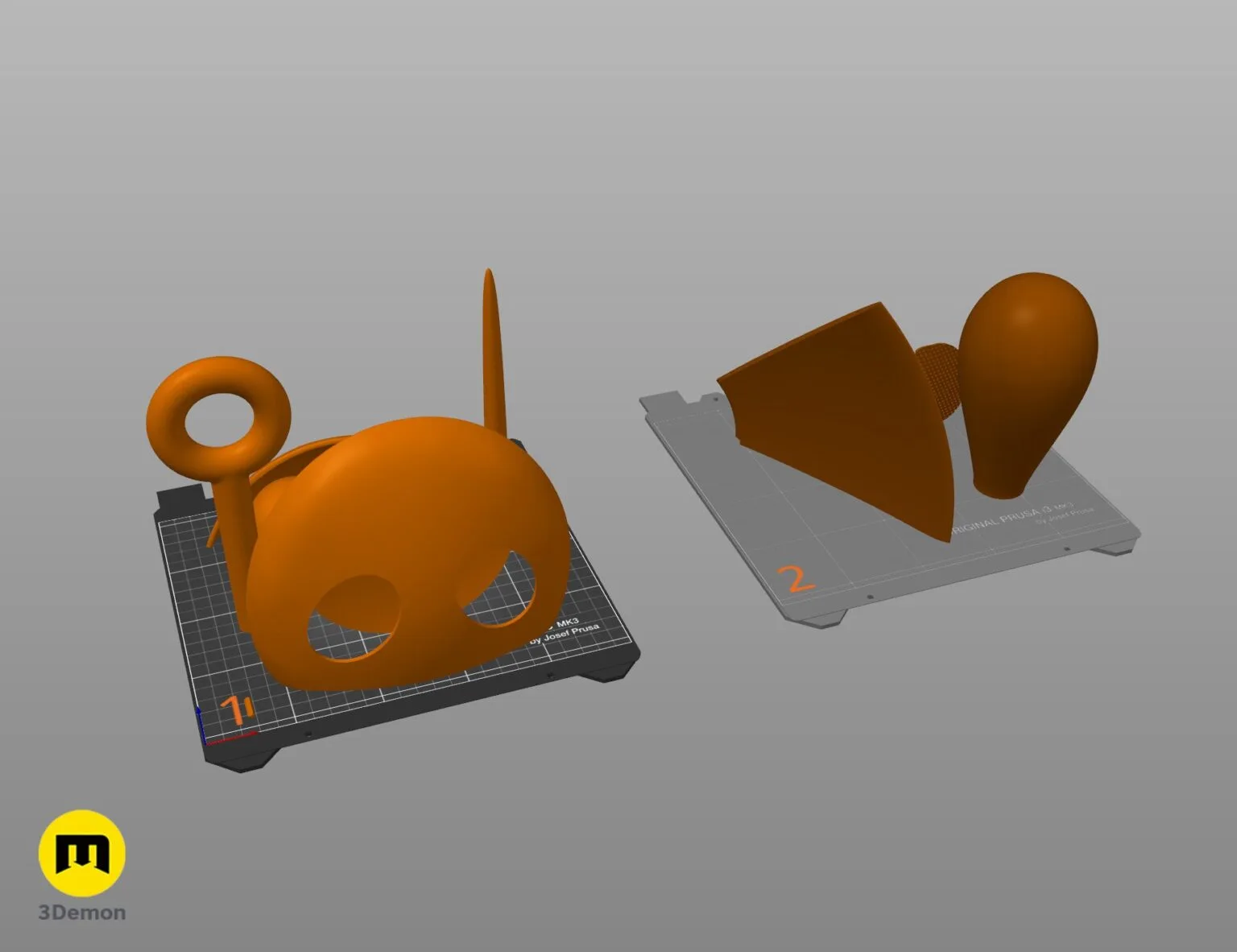 Slicer screenshot of Sherma Silksong cosplay mask and props arranged on 3D printer bed by 3Demon