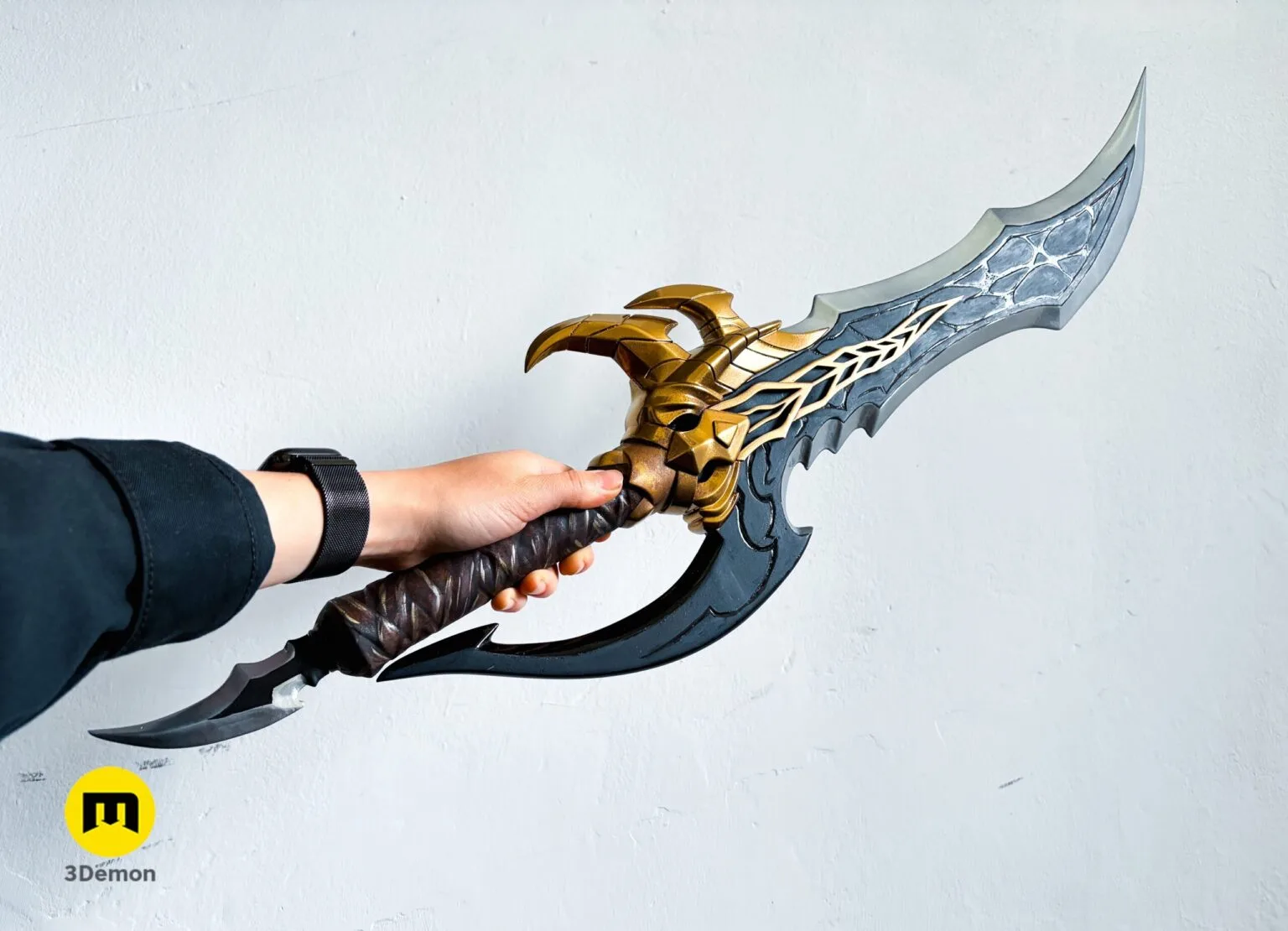 3D model of Solo Leveling Kasaka's Venom Fang, 3D printed cosplay prop scythe, hand-held with gold and dark grey details