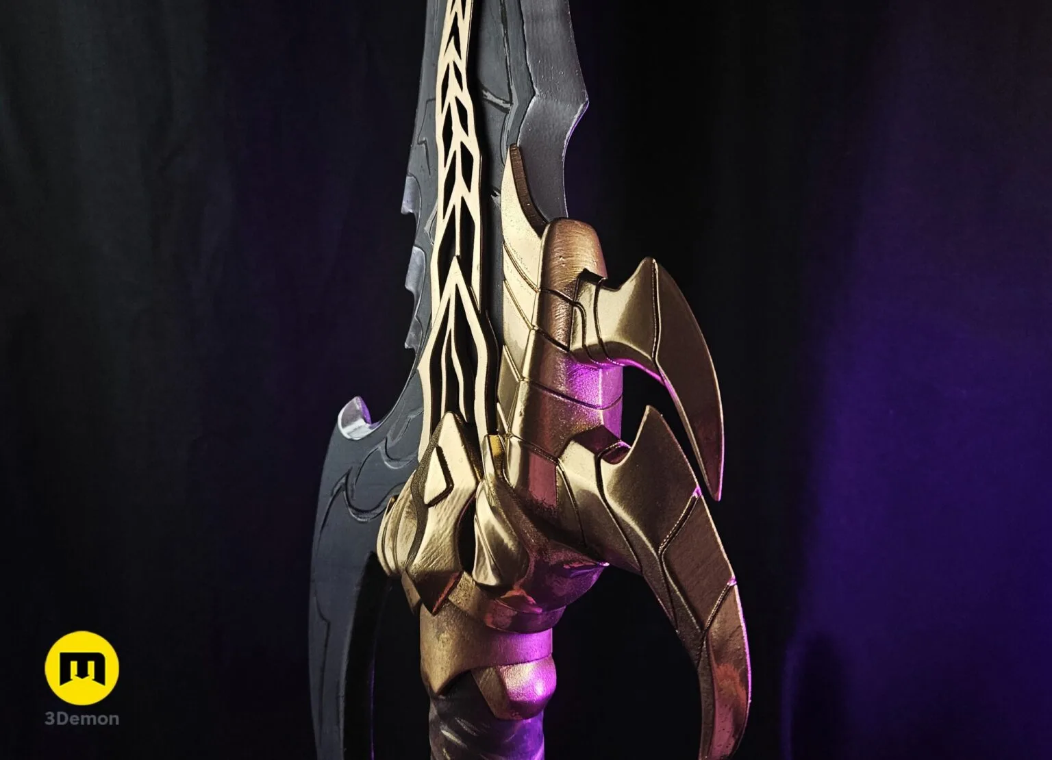 CAD render of Solo Leveling Kasaka's Venom Fang, gold and dark grey cosplay prop, side view with purple accents, 3D p...