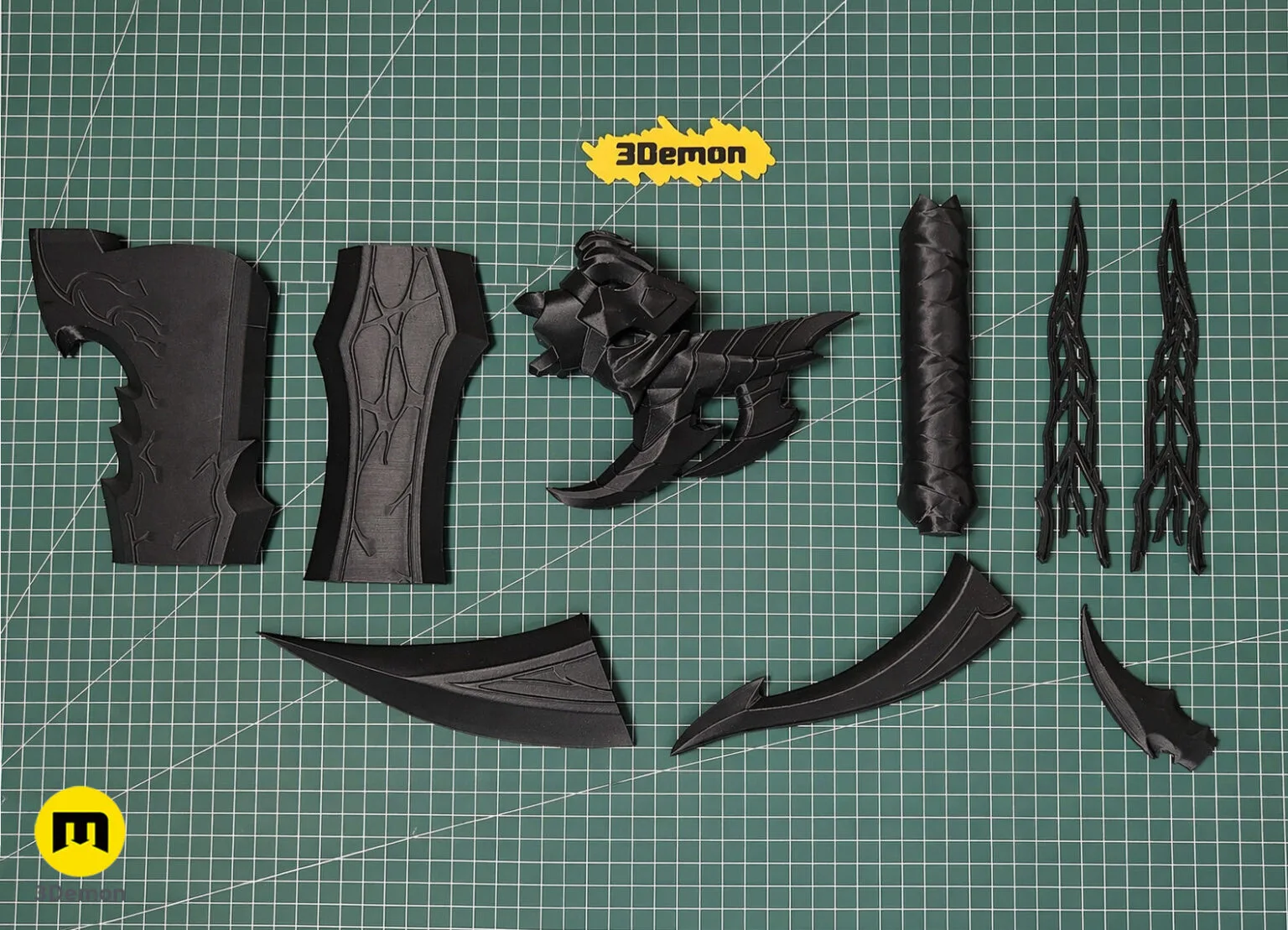 3D model render of Solo Leveling Kasaka's Venom Fang 3D printed cosplay prop parts, disassembled on cutting mat