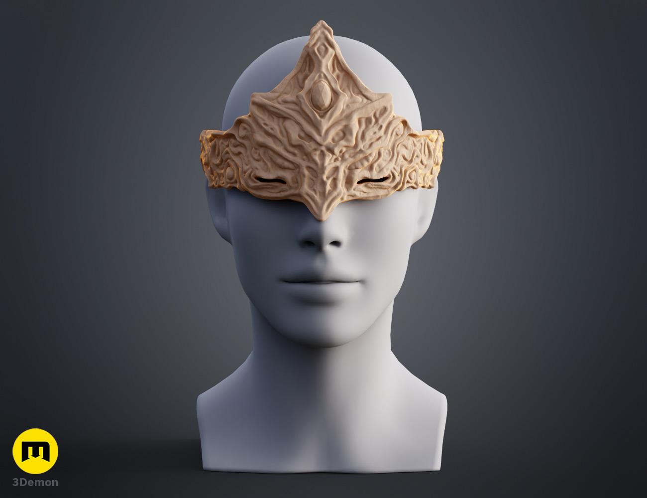 Render of 3D print STL Fire Keeper Mask inspired by Dark Souls on head
