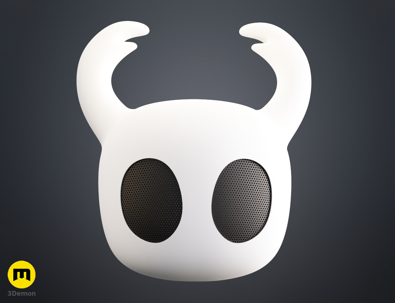 Coloured render of Hollow Knight Ghost Helmet 3D printed 3Demon cosplay mask front