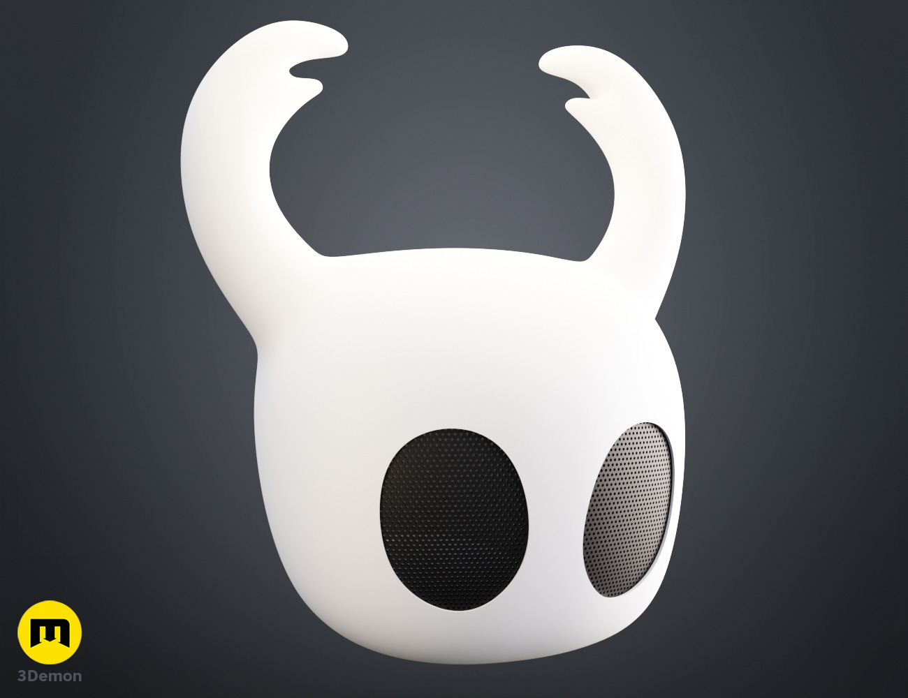 Coloured render of Hollow Knight Ghost Helmet 3D printed 3Demon cosplay mask side