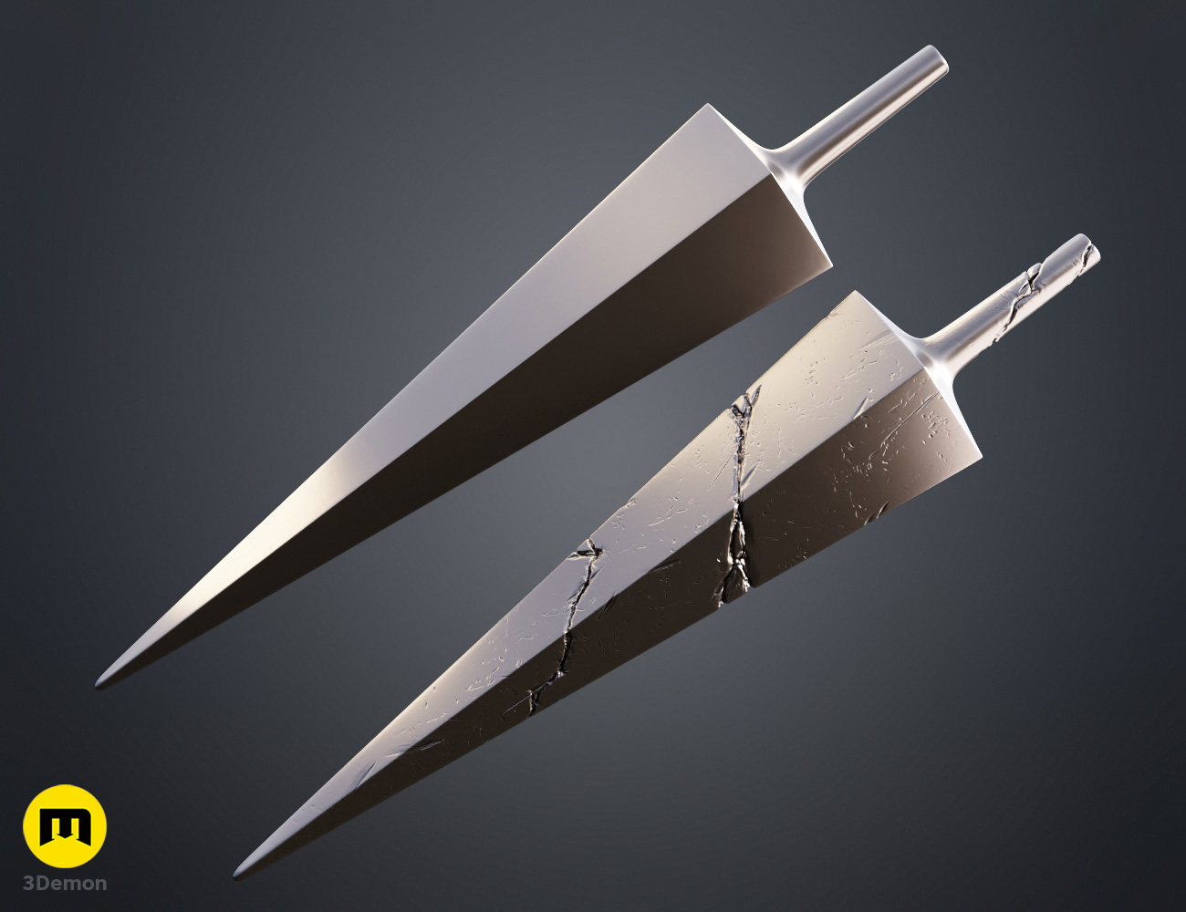 Render of Damaged and Basic nail ghost Hollow Knight cosplay prop sword 3Dprint 3Demon