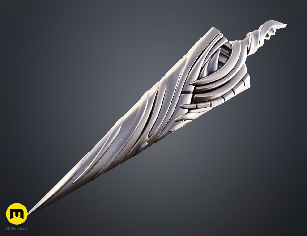 Coloured render of Pure nail ghost from Hollow Knight 3Demon 3dprint silver sword prop front