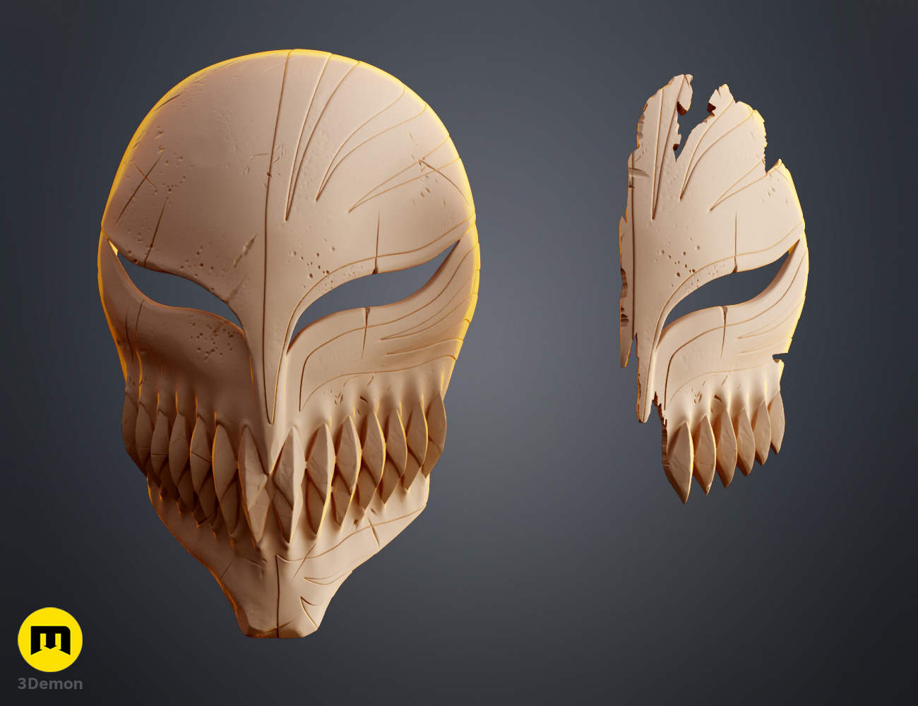 Render of Ichigo Hollow Mask from Bleach stl 3dprint 3Demon two helmet