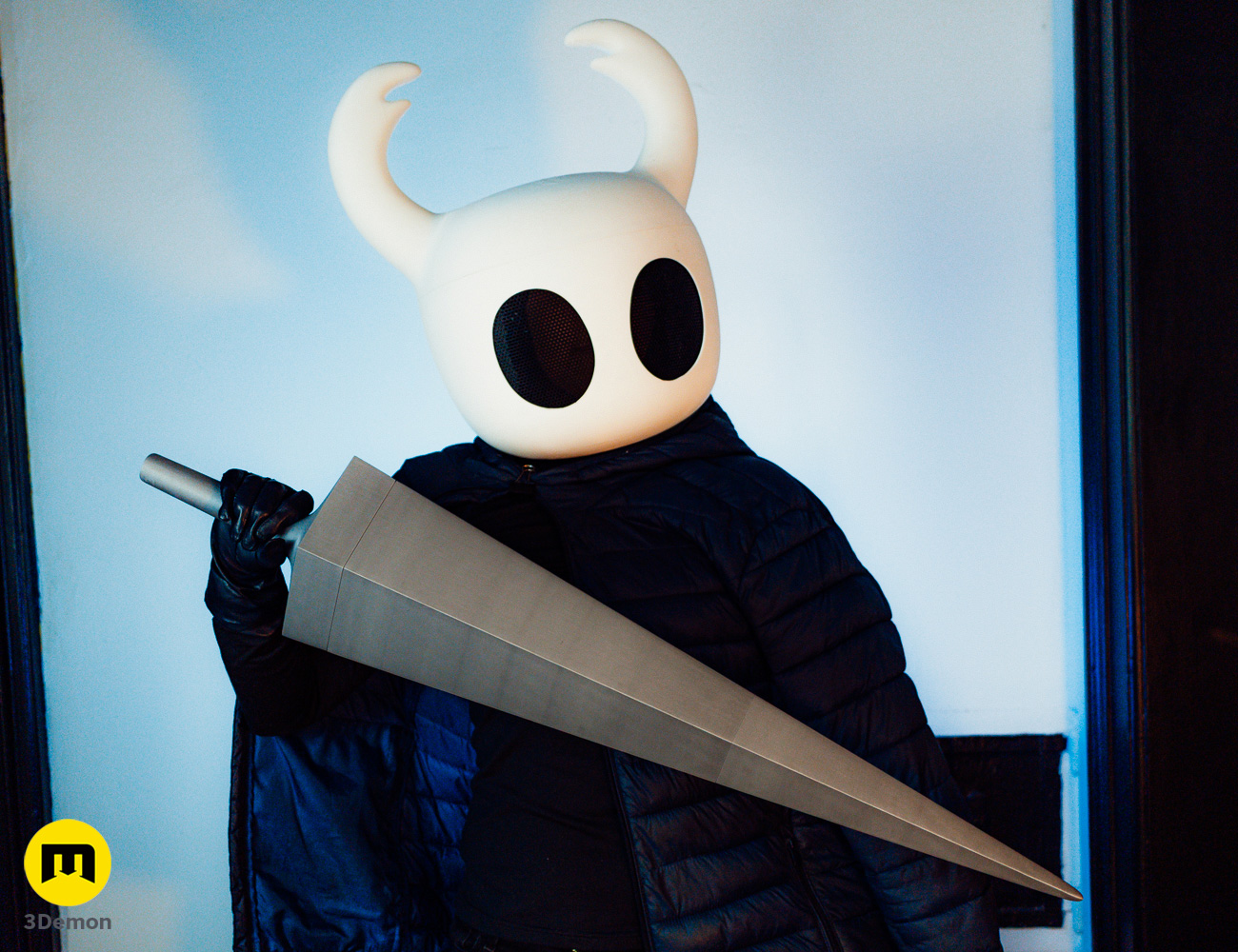 Photo of Hollow Knight Ghost Helmet 3D printed 3Demon cosplay mask with sword